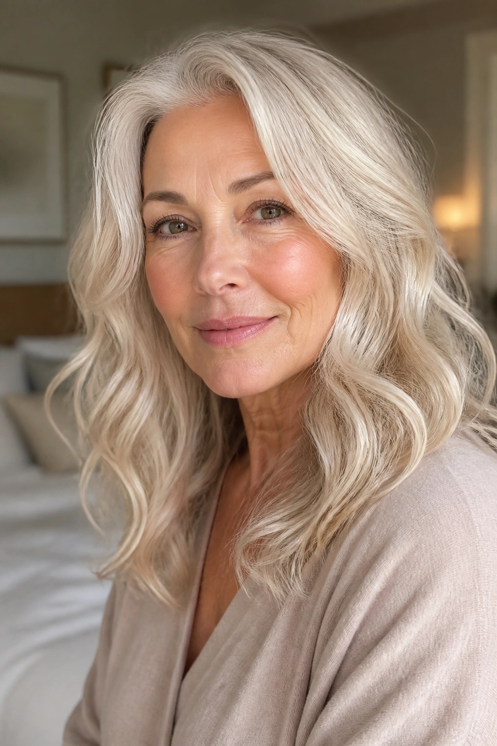 Close-up of a real woman with champagne-white waves in soft, glossy hair