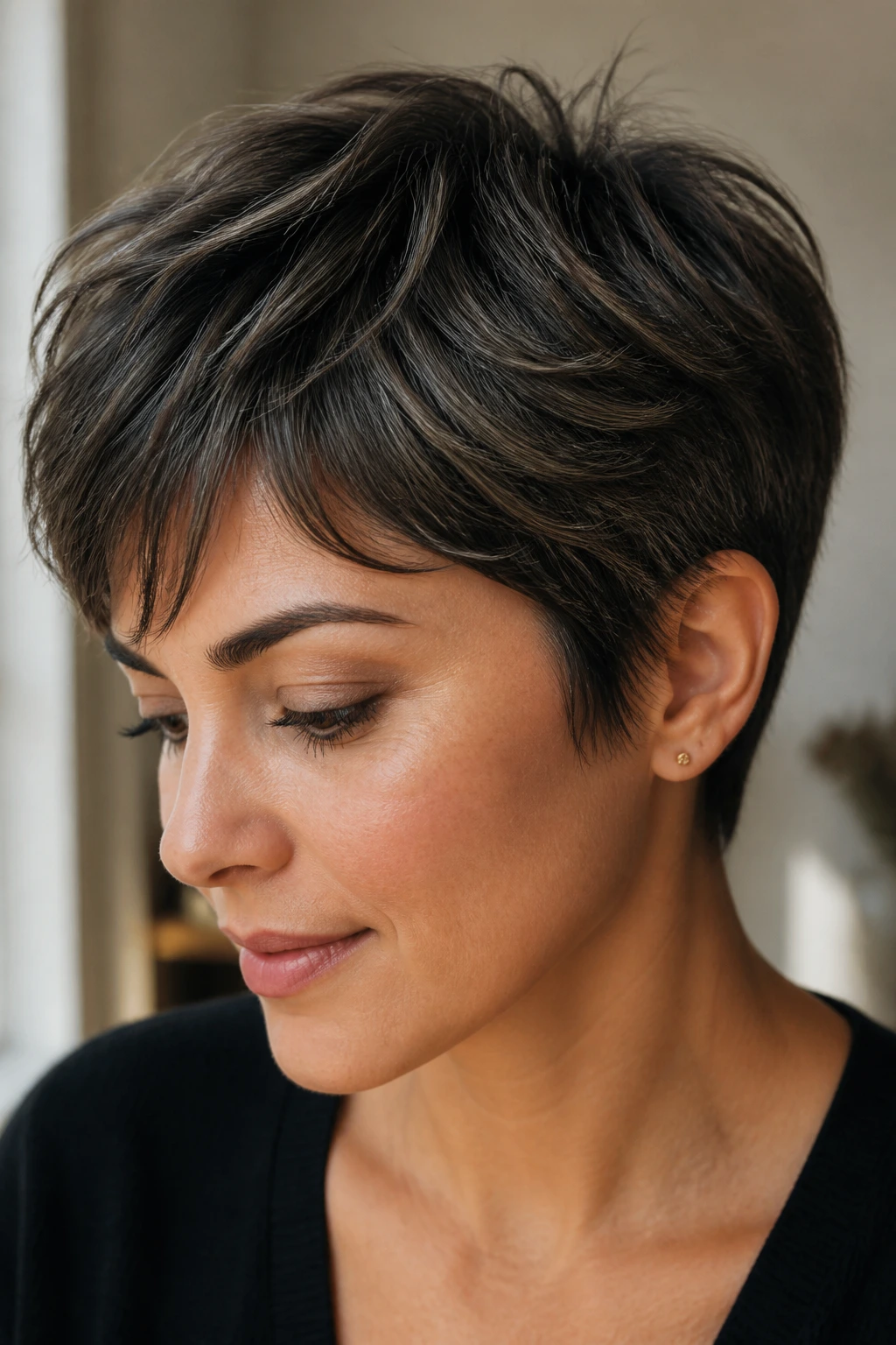 Close-up of a real woman with charcoal brown crop balayage and subtle temple highlights.