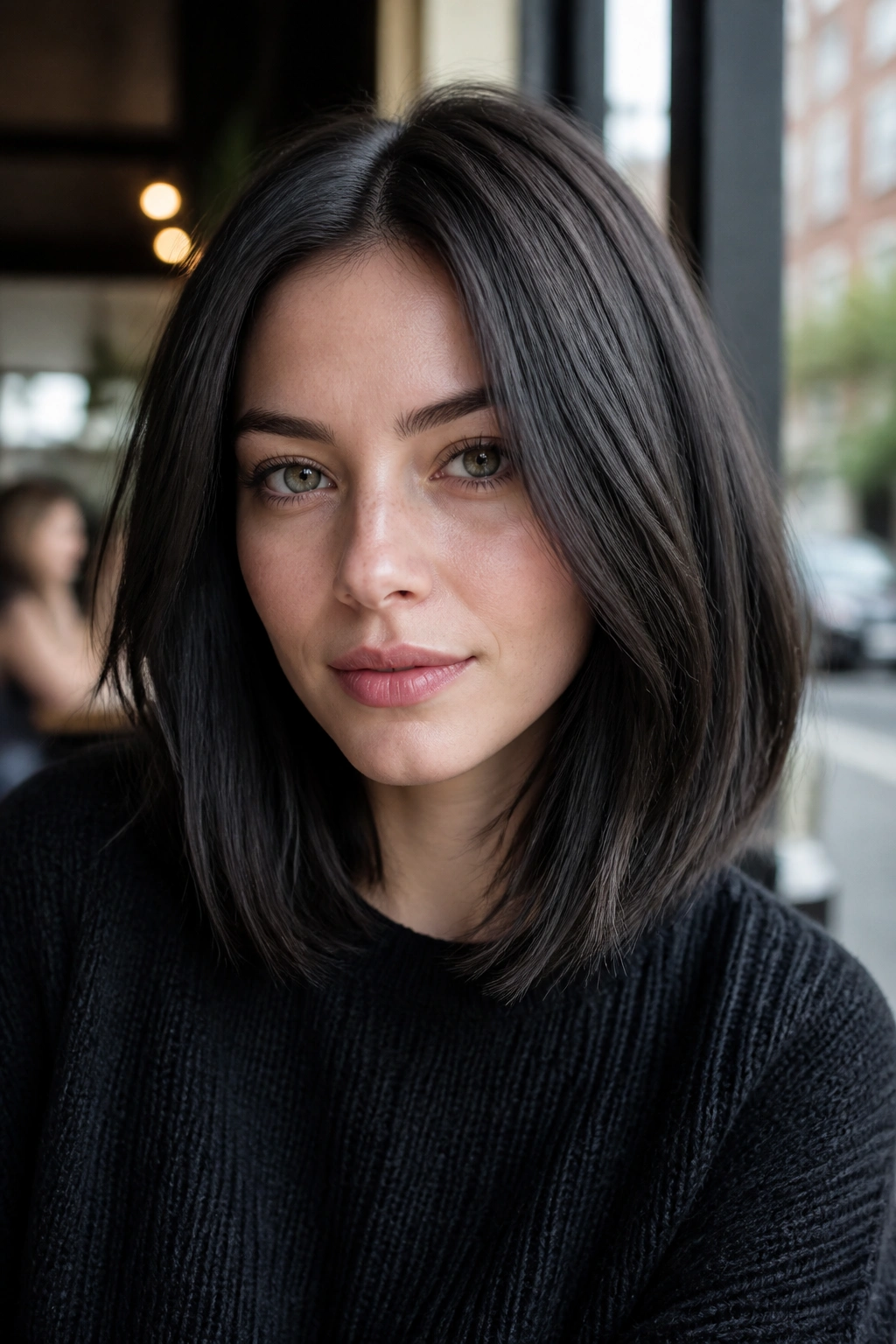 Close-up of a real woman with charcoal brown hair in a cafe setting with natural daylight