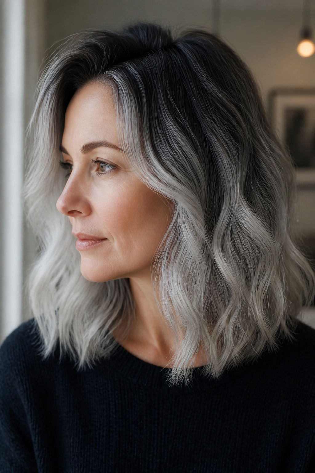 Portrait of a woman with charcoal root melt into silver lengths