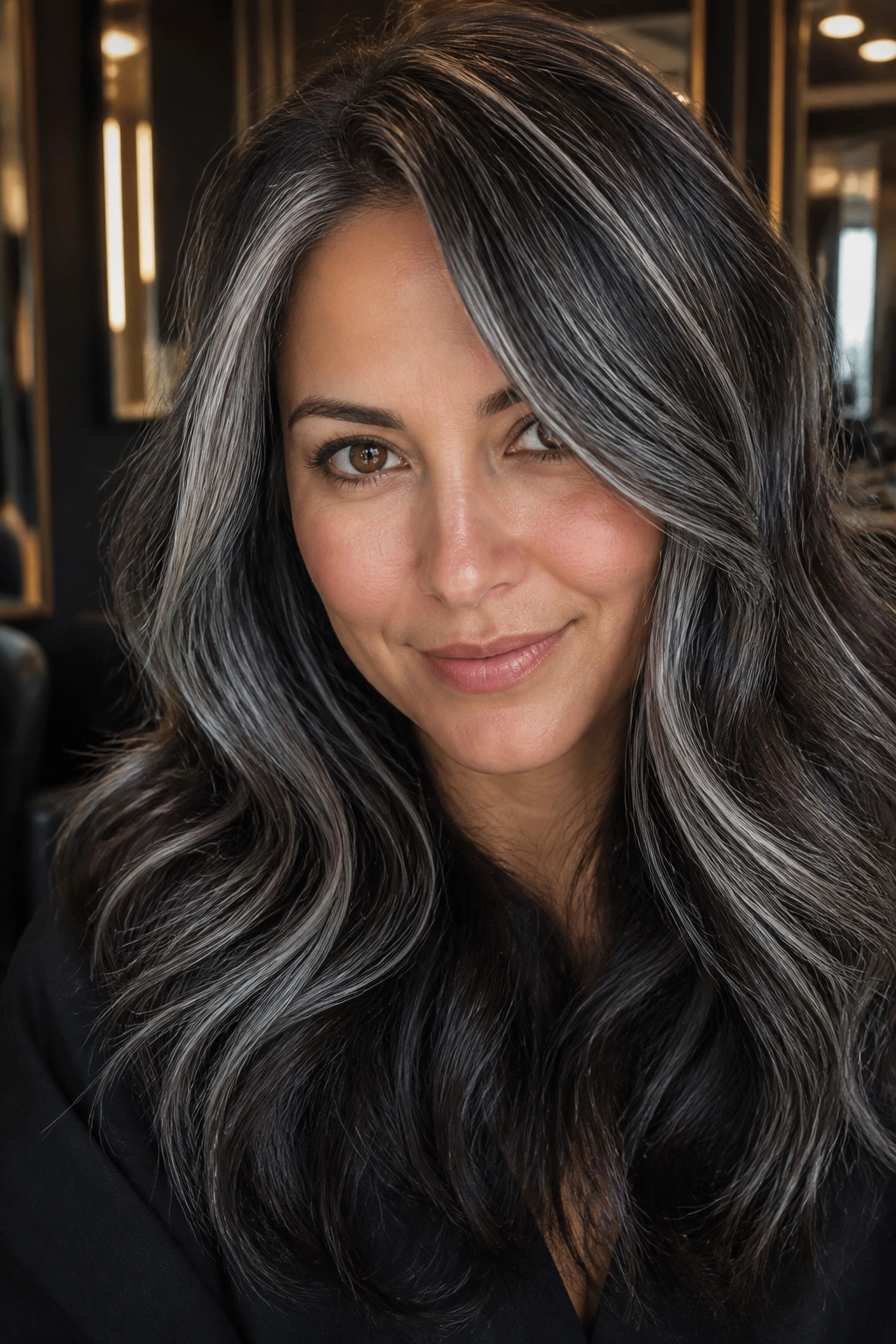 Close-up of deep brunette hair with charcoal and silver highlights around the face.