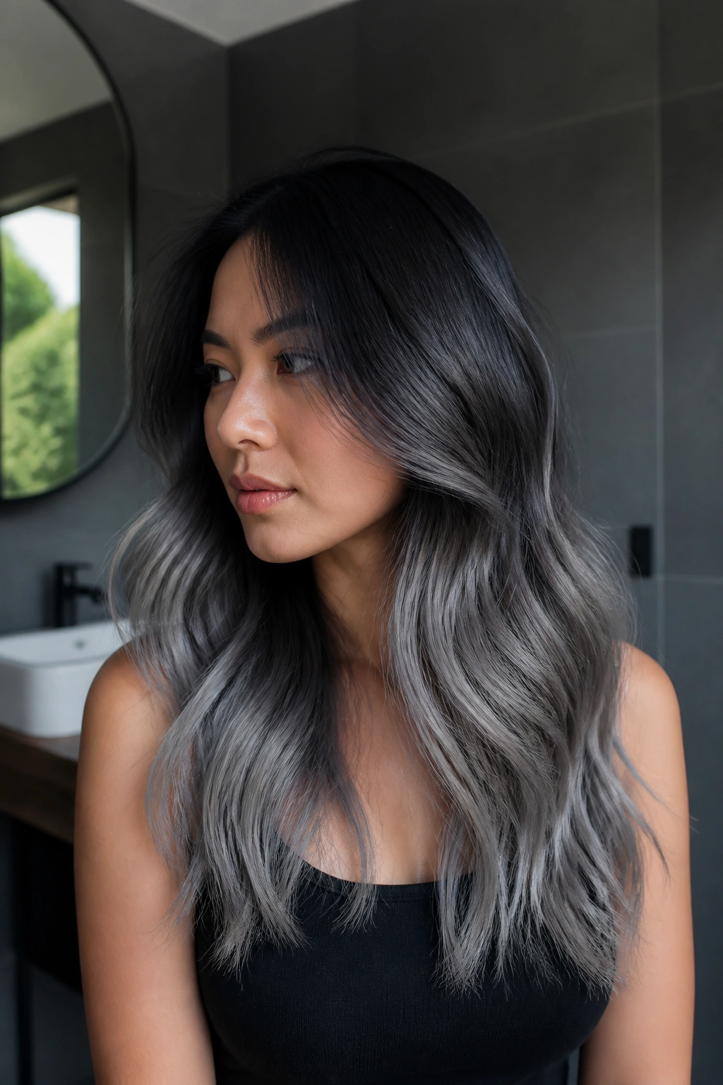 Real woman with charcoal to silver smoke ombre hair in moody bathroom