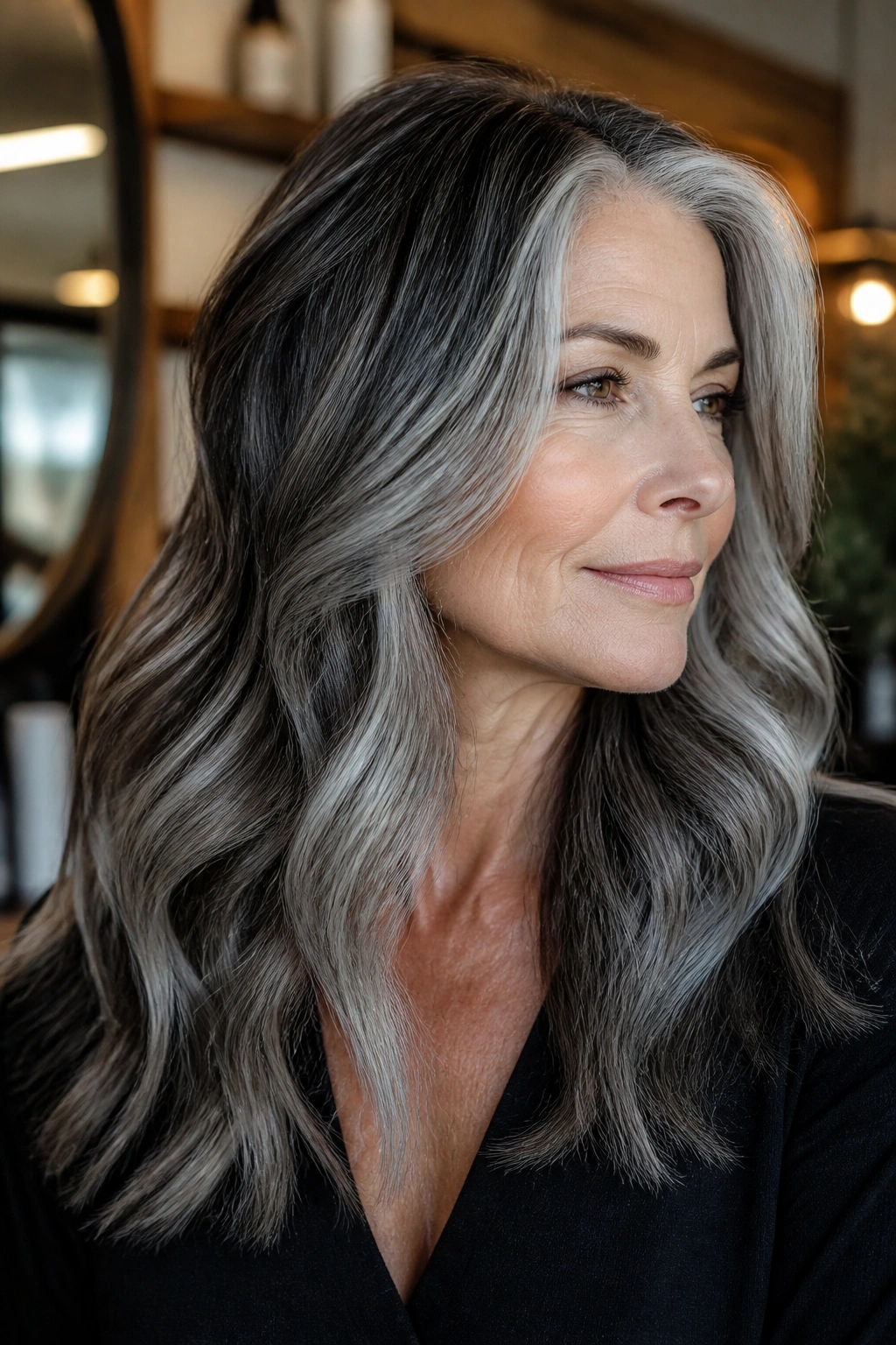 Close-up of a real woman's hair with charcoal, silver, and slate gray blend in a salon setting