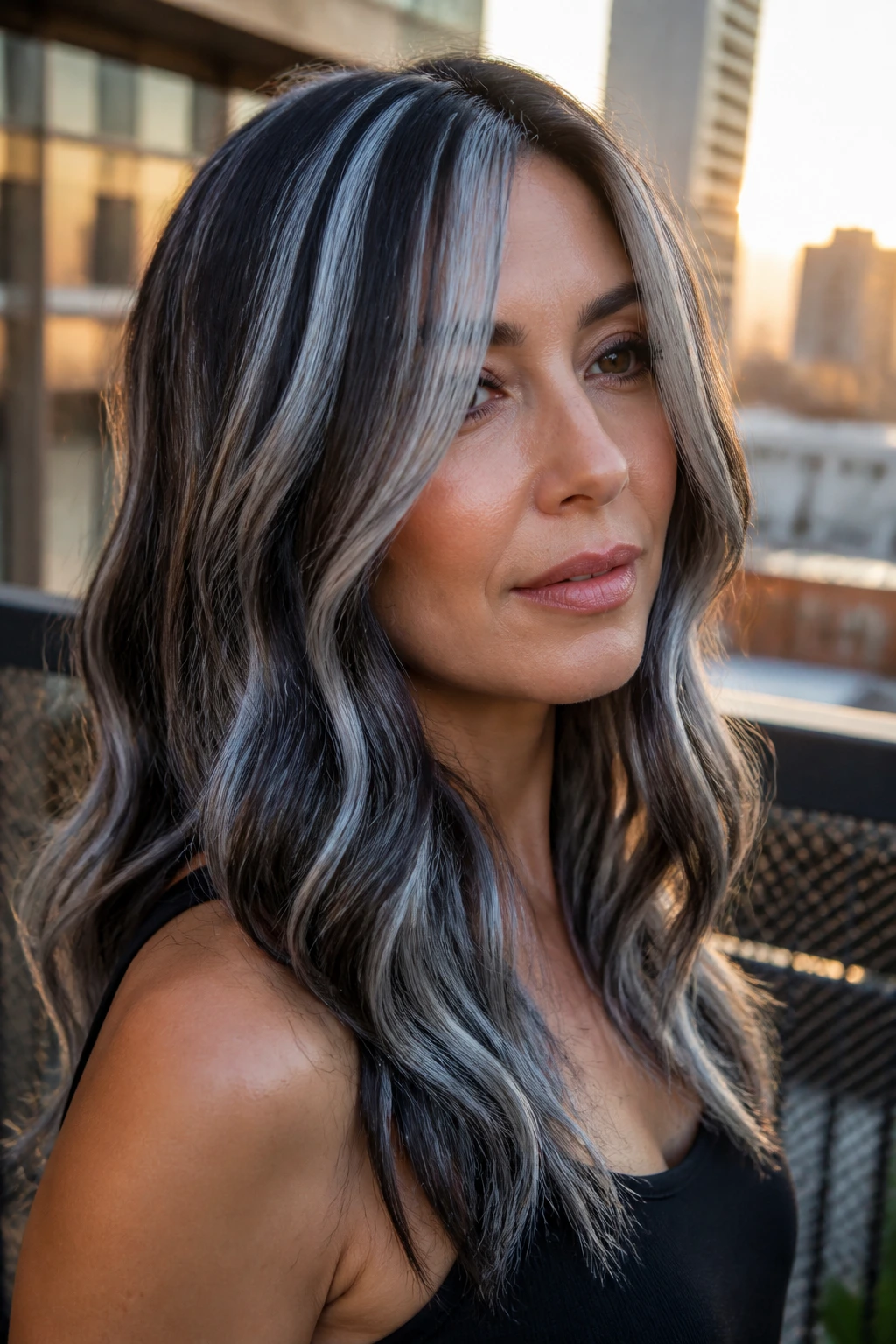 Real person with charcoal and silver striped hair