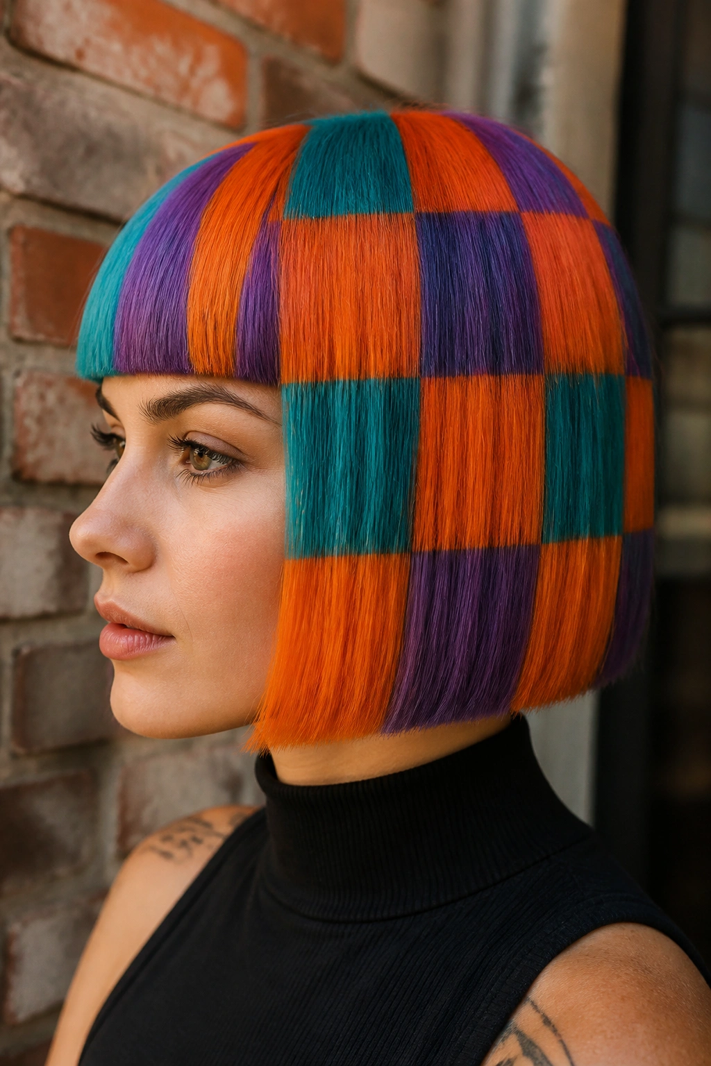 Close-up of a real person with checkerboard orange, purple, teal hair blocks