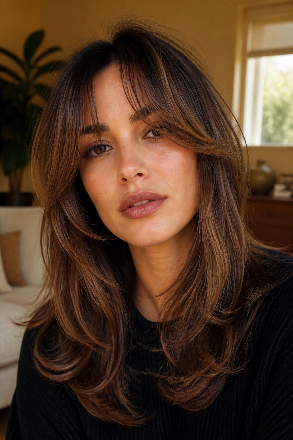 Woman with cheekbone-grazing bangs and layered cut