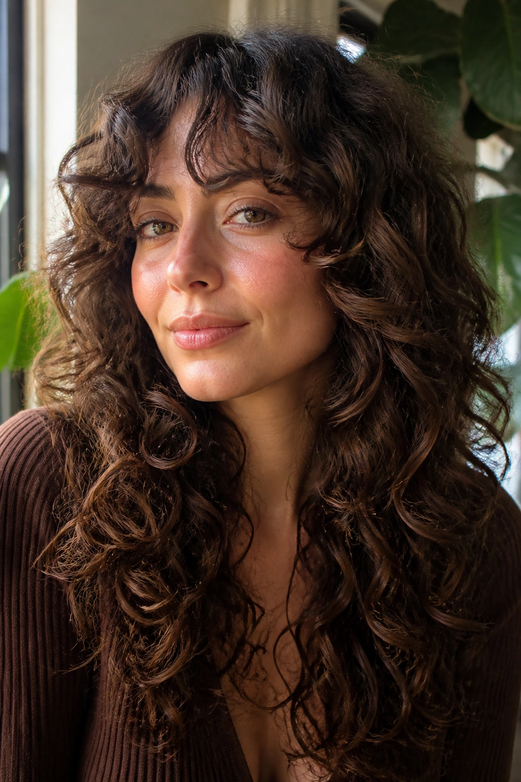 Close-up of a woman with cheekbone contour layers framing her face
