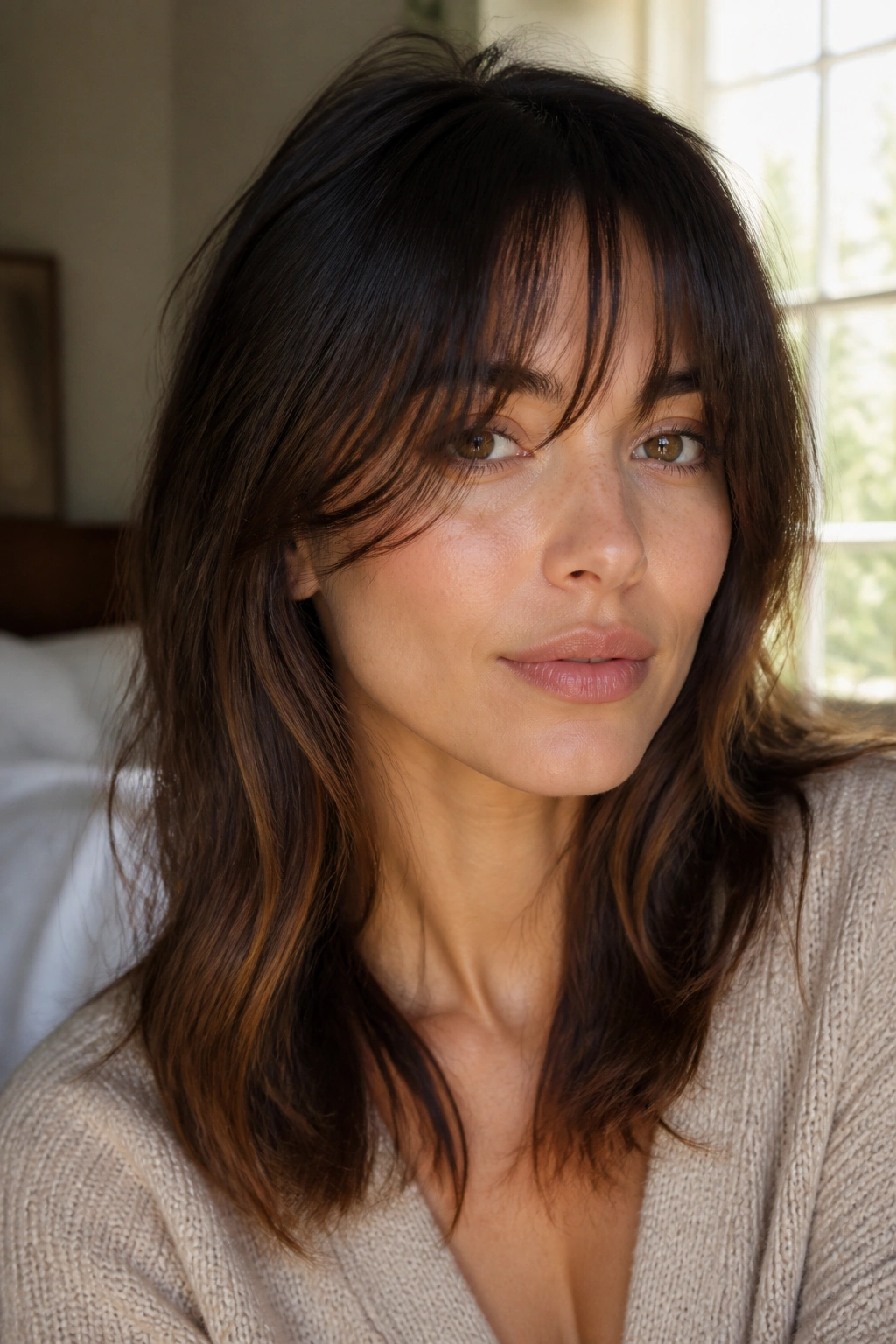 Close-up of a real woman with cheekbone-skimming feathered bangs framing the eyes