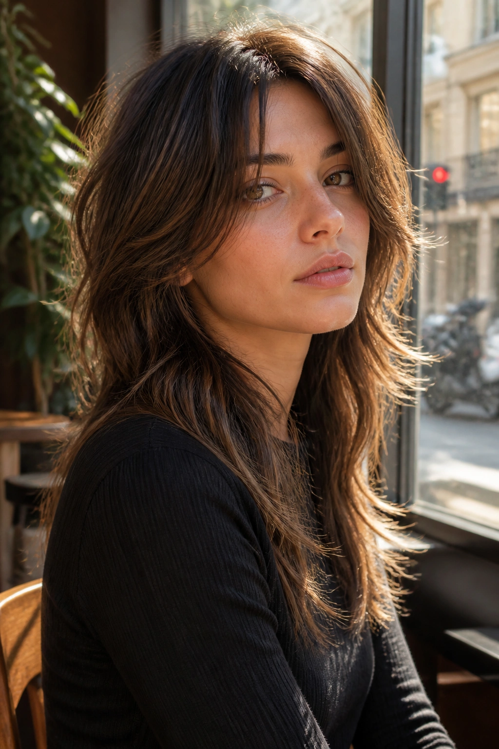 Real woman with cheekbone-framing layers in a long wolf cut, soft cafe window light