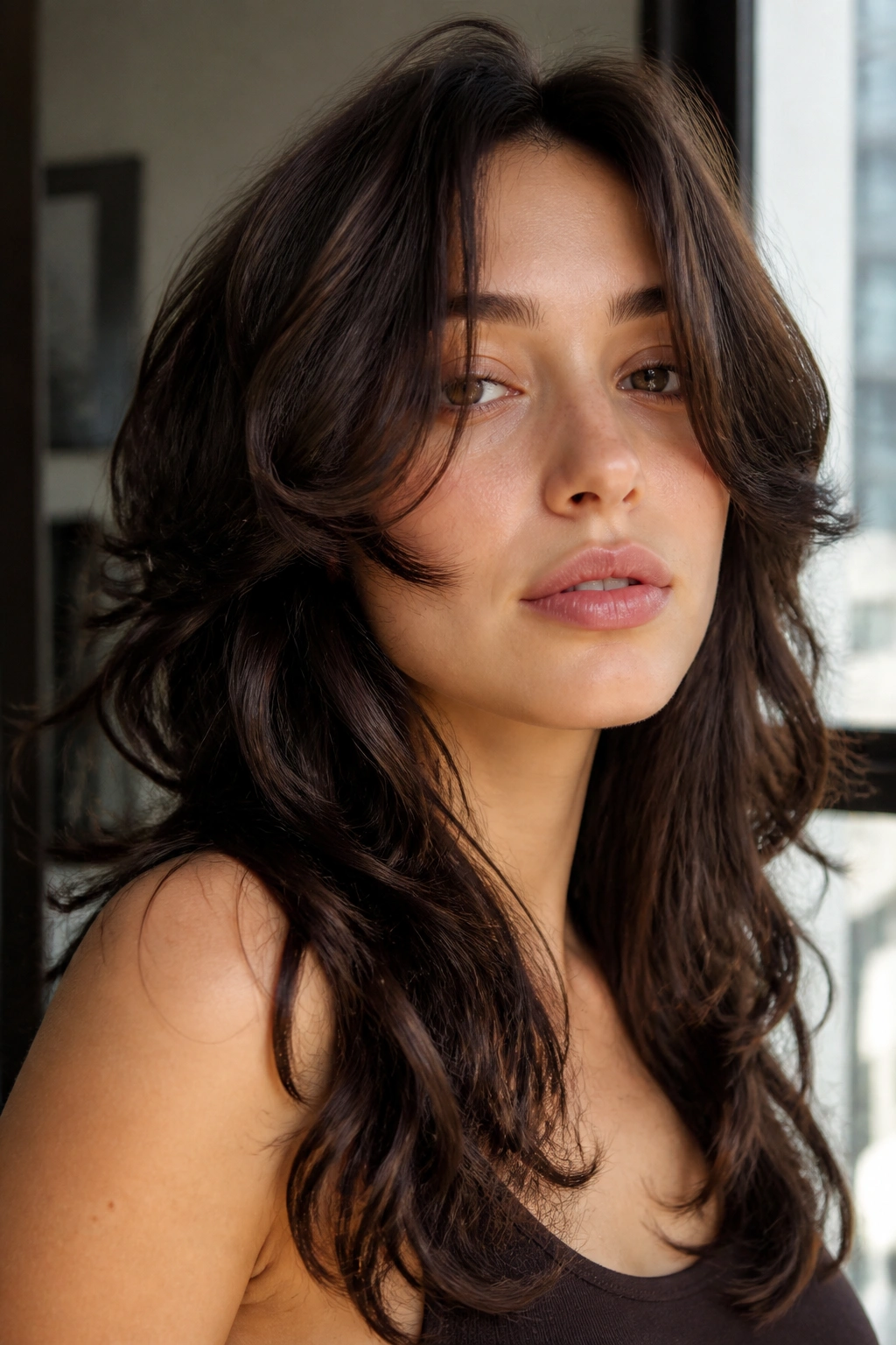 Close-up of a real person with cheekbone-framing wolf cut.