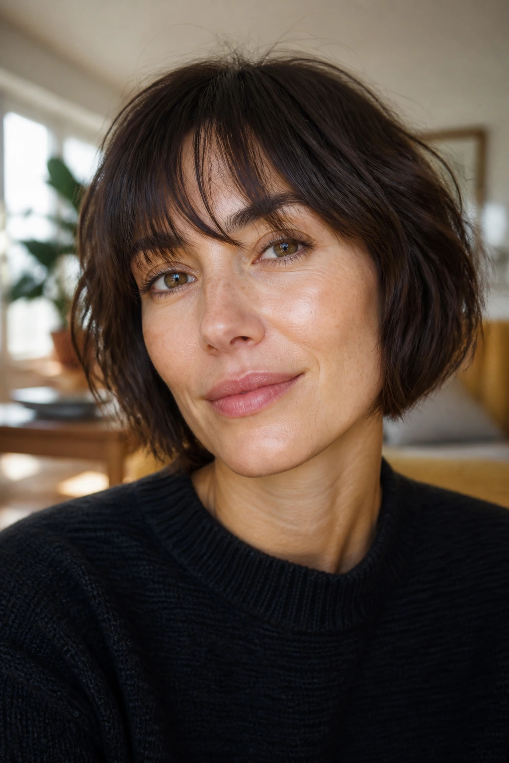 Close-up of cheekbone-grazing French bob with piecey bangs on a real woman