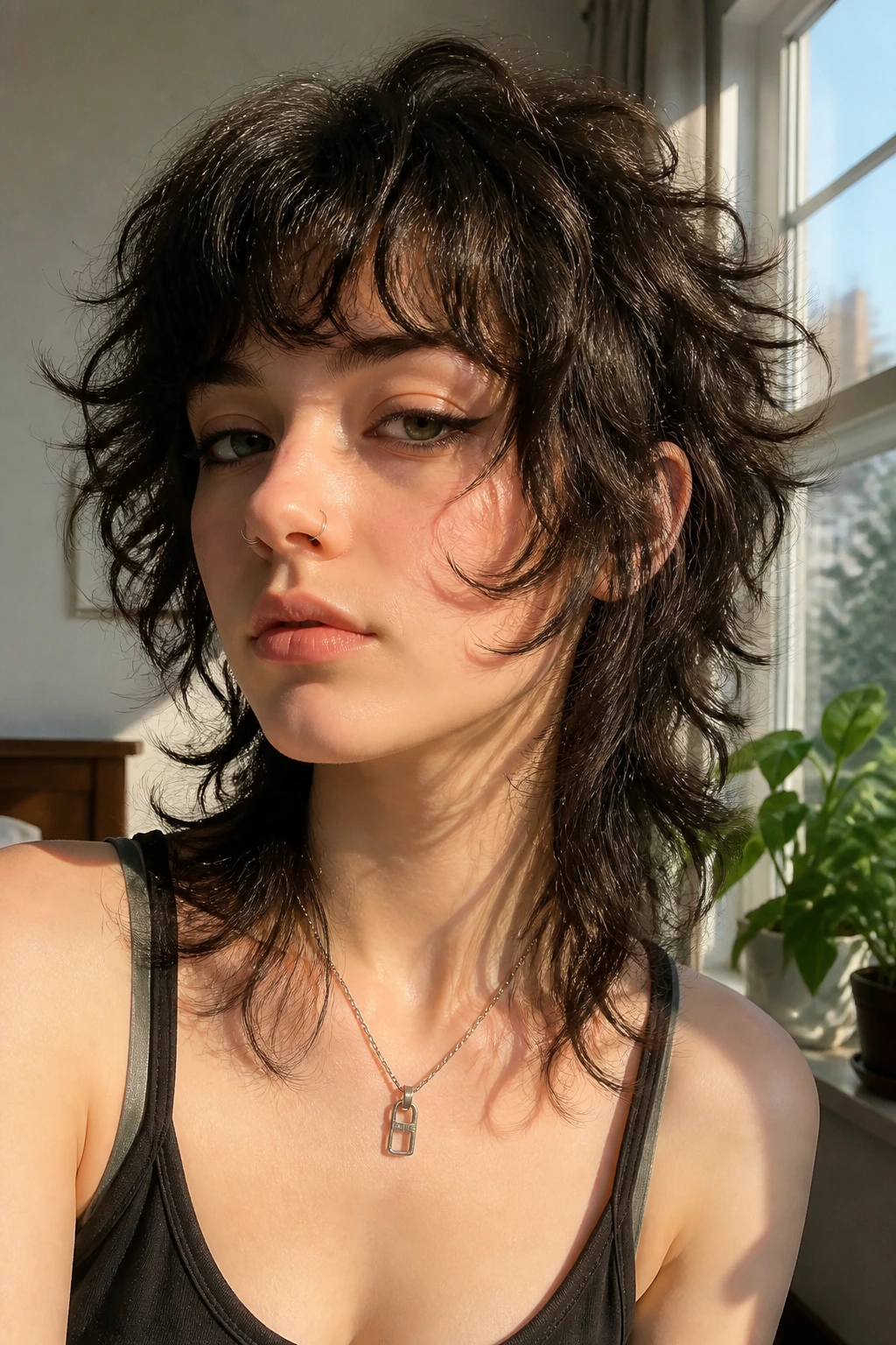 Close-up portrait of a real person with cheekbone fringe emo wolf cut in a sunlit bedroom.
