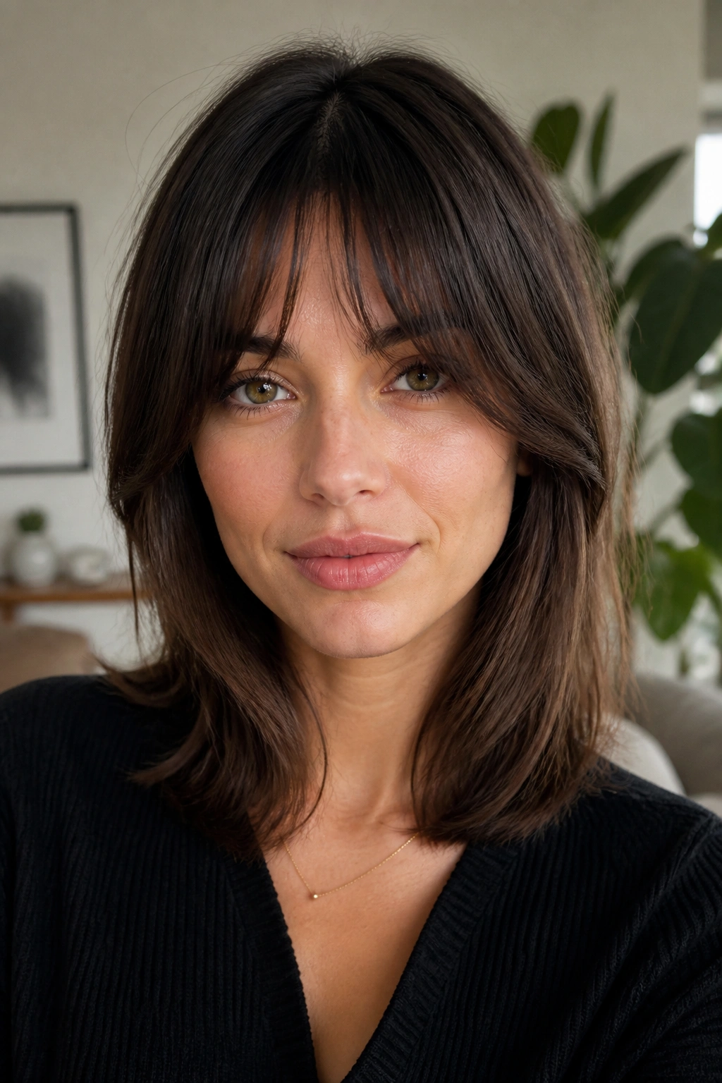 Close-up portrait of a real woman with cheekbone-skimming bangs bending inward