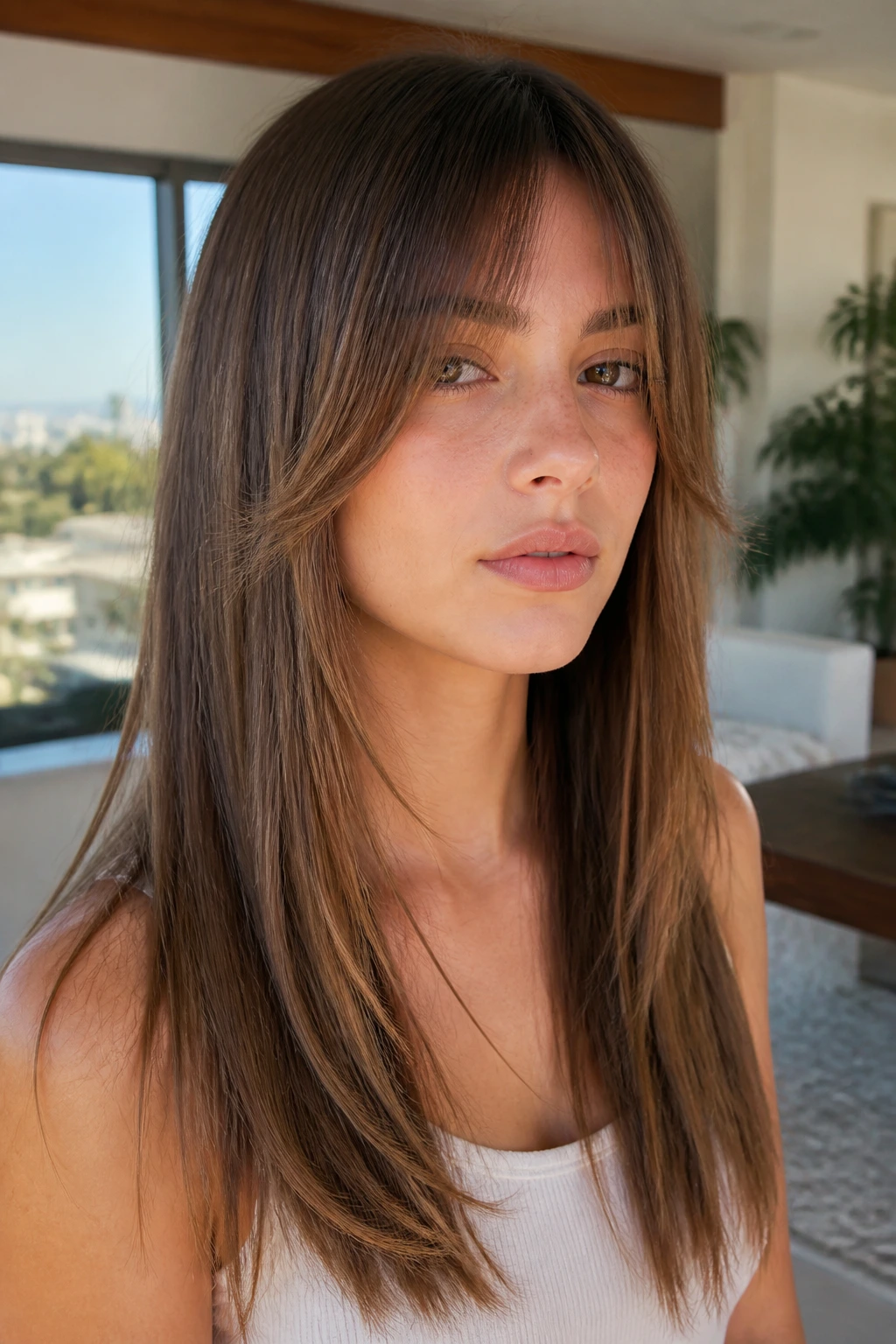 Real person with cheekbone-grazing feathered fringe on straight hair in a bright room.