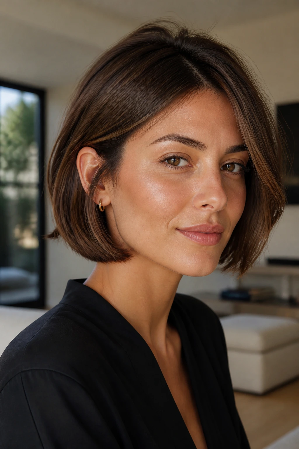 Portrait of a real person with cheekbone-layered Italian bob framing the cheeks.