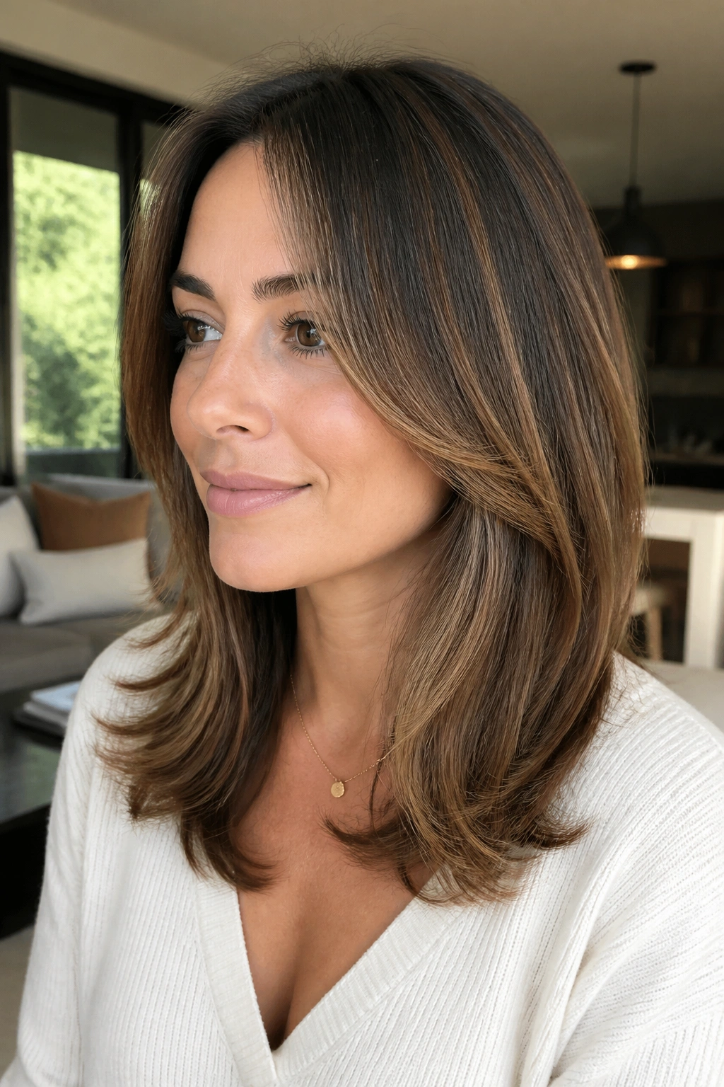Close-up of a woman with cheekbone-grazing layers starting at the cheeks and tapering down.