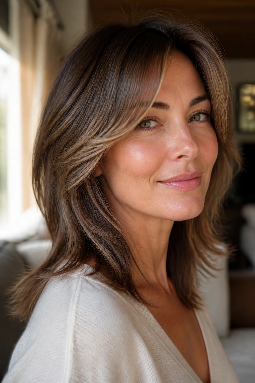 Close-up portrait of a woman with cheekbone-focused layers framing her face in warm window light
