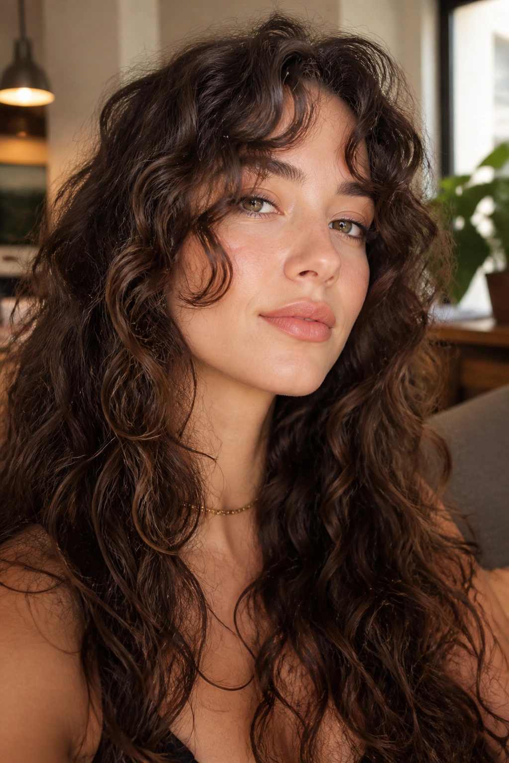 Close-up portrait of a woman with long curly hair showing cheekbone-framing layers