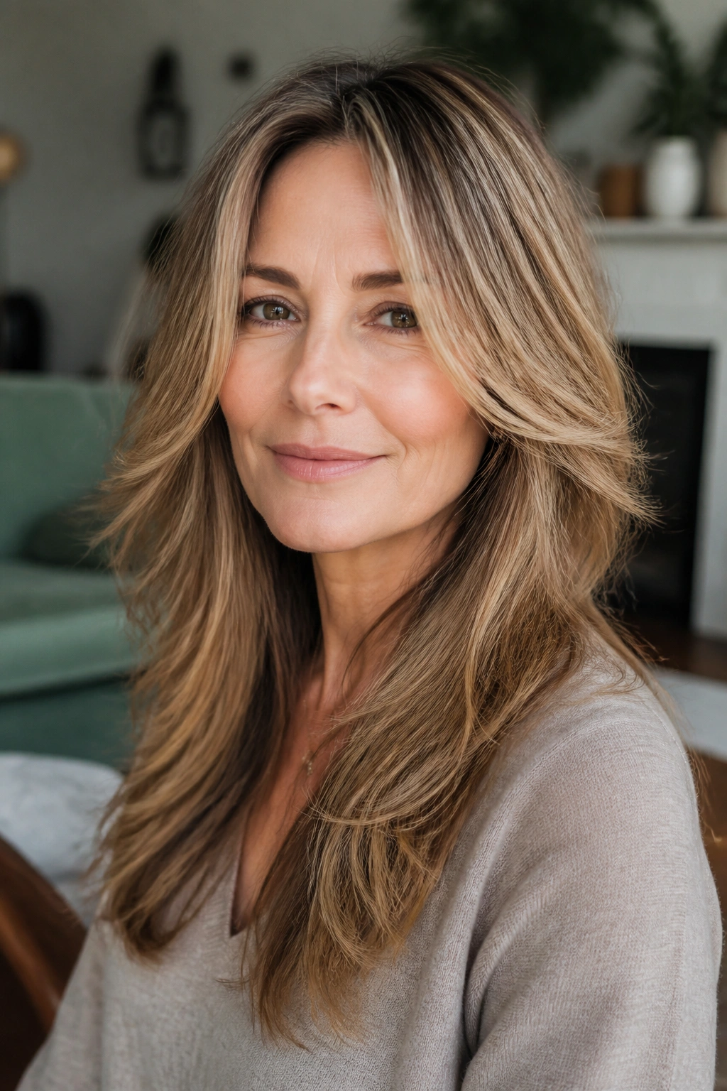 Real woman with cheekbone-starting long layers lifting the face.