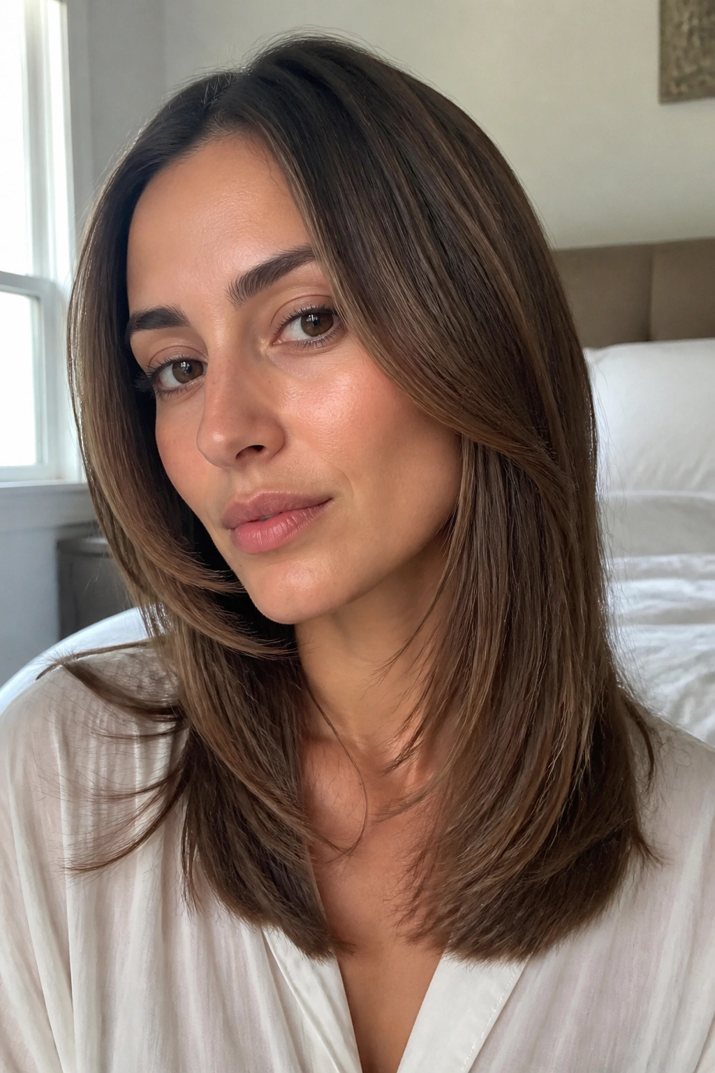 Close-up portrait of a real woman with cheekbone-brightening layers and tapered front on straight hair