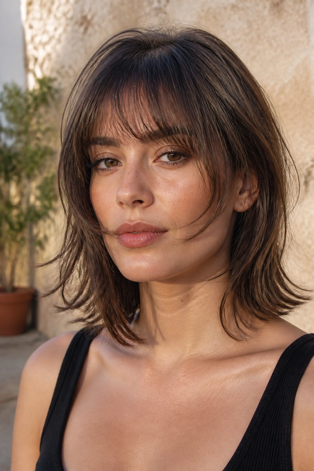 Close-up of a real woman with cheekbone-length feathered sides and short bangs.