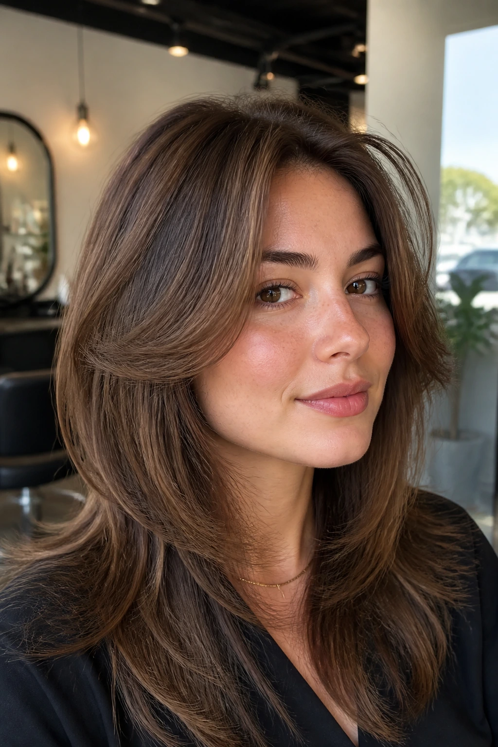 Close-up of a real woman showing cheekbone lift with lifted front layers
