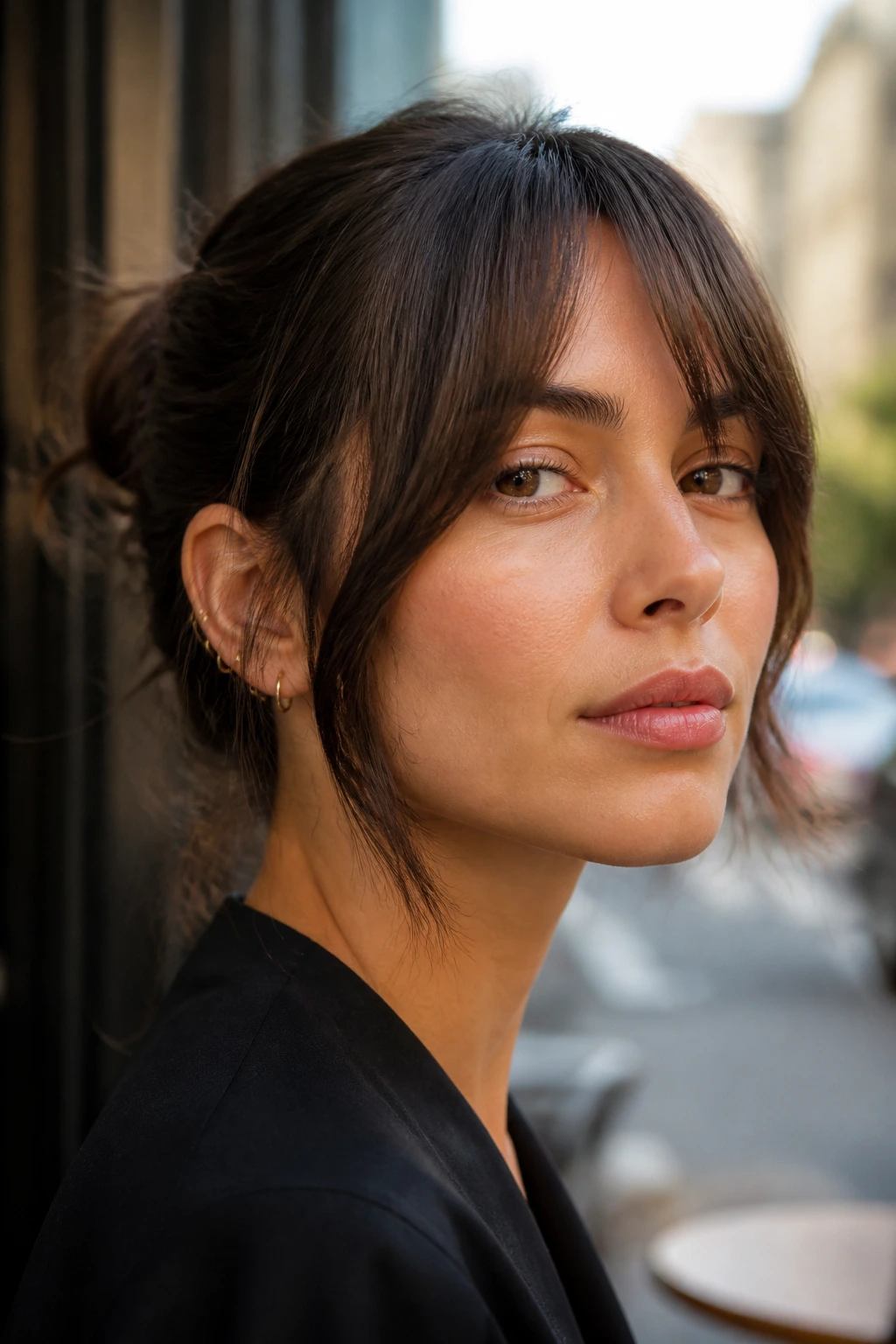 Close-up of a real woman with cheekbone-skimming fringe in outdoor cafe light