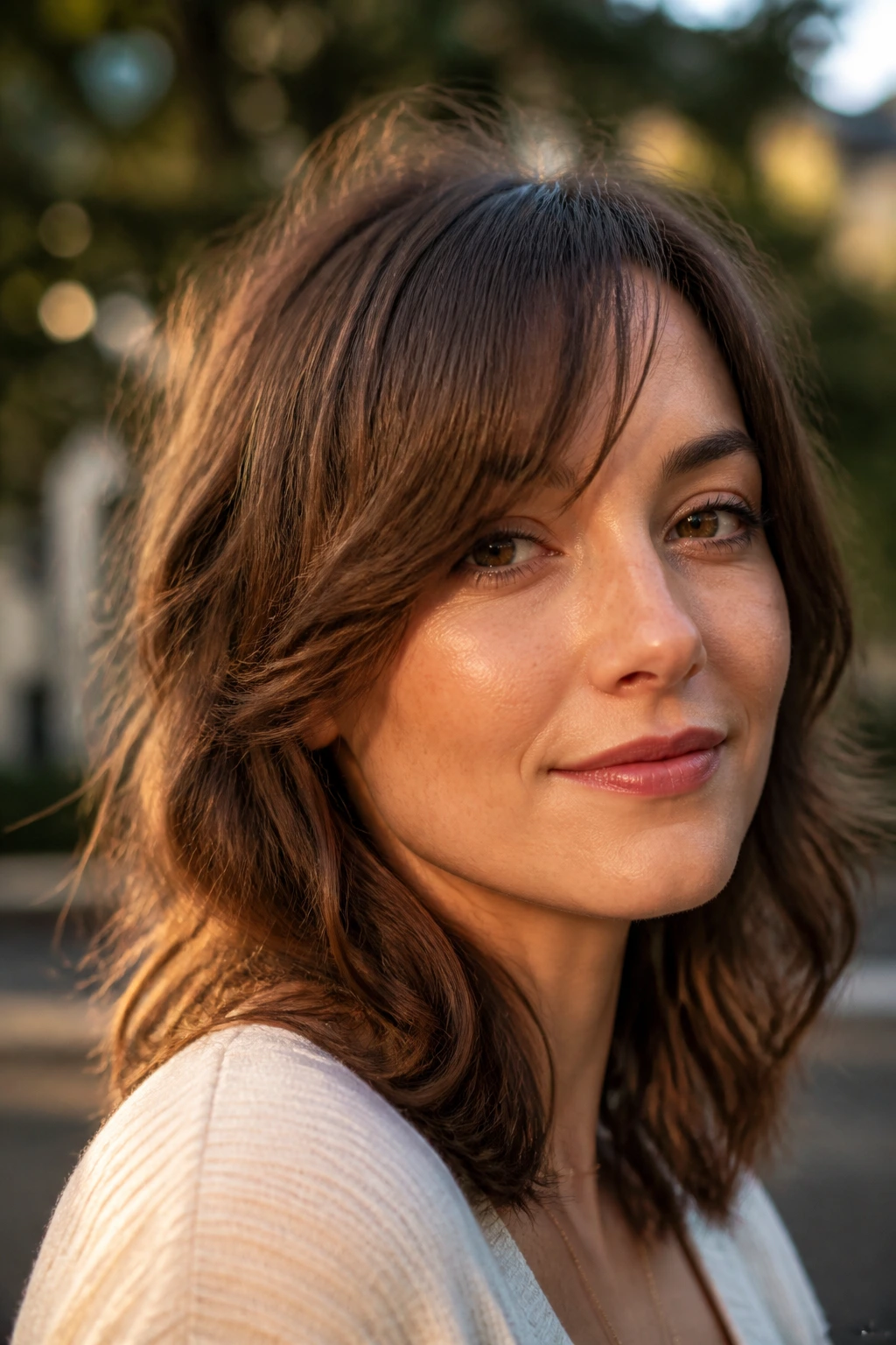 Close-up portrait of a real person with cheekbone-skimming swoop bangs