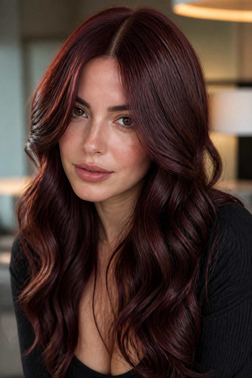 Close-up portrait of a woman with cherry cola auburn hair in glossy waves.