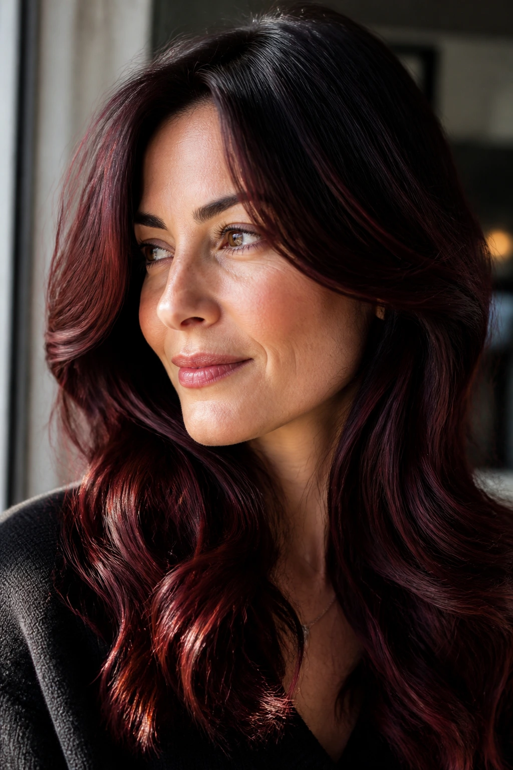 Close-up of a real woman with Cherry Cola Brown hair featuring burgundy undertones and glossy dimension.