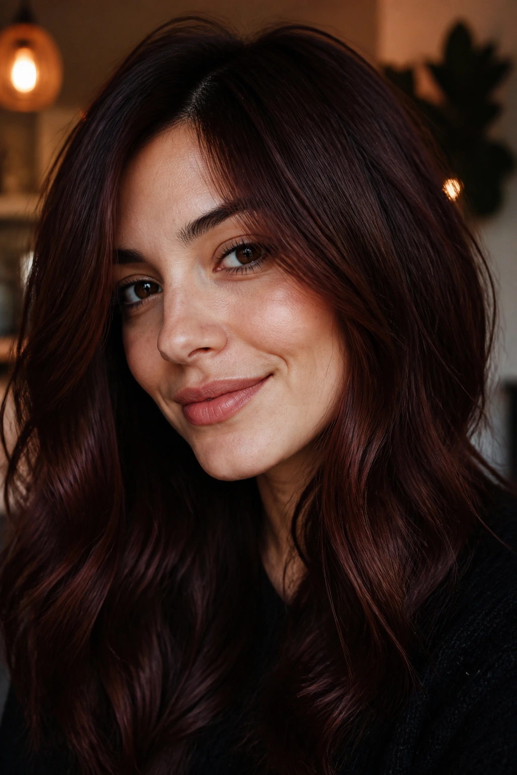 Brunette with cherry cola brown hair showing burgundy red undertone