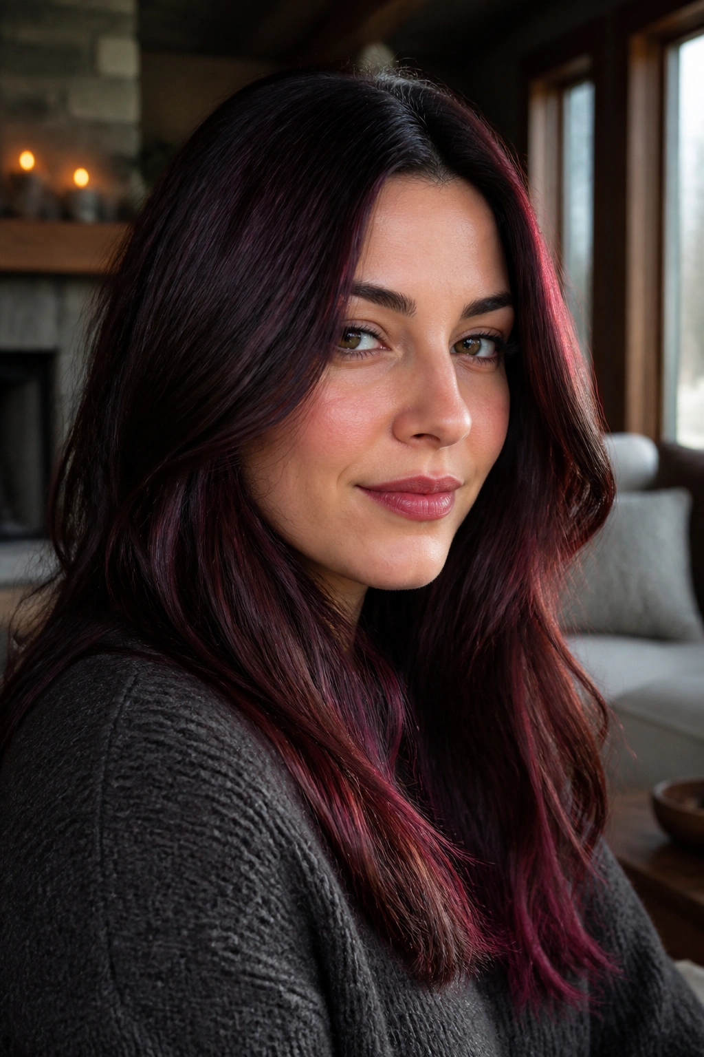 Close-up portrait of a real woman with cherry cola brown hair showing red-violet sheen