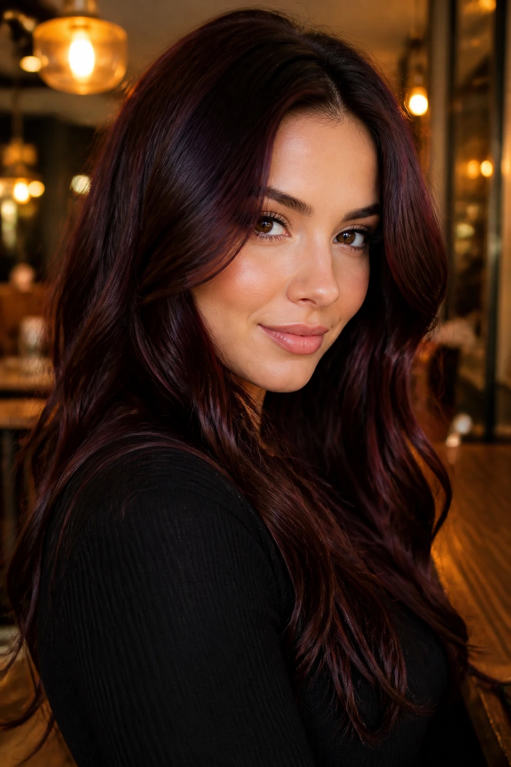 Close-up of a real woman with Cherry Cola Brunette hair showing red-violet cast