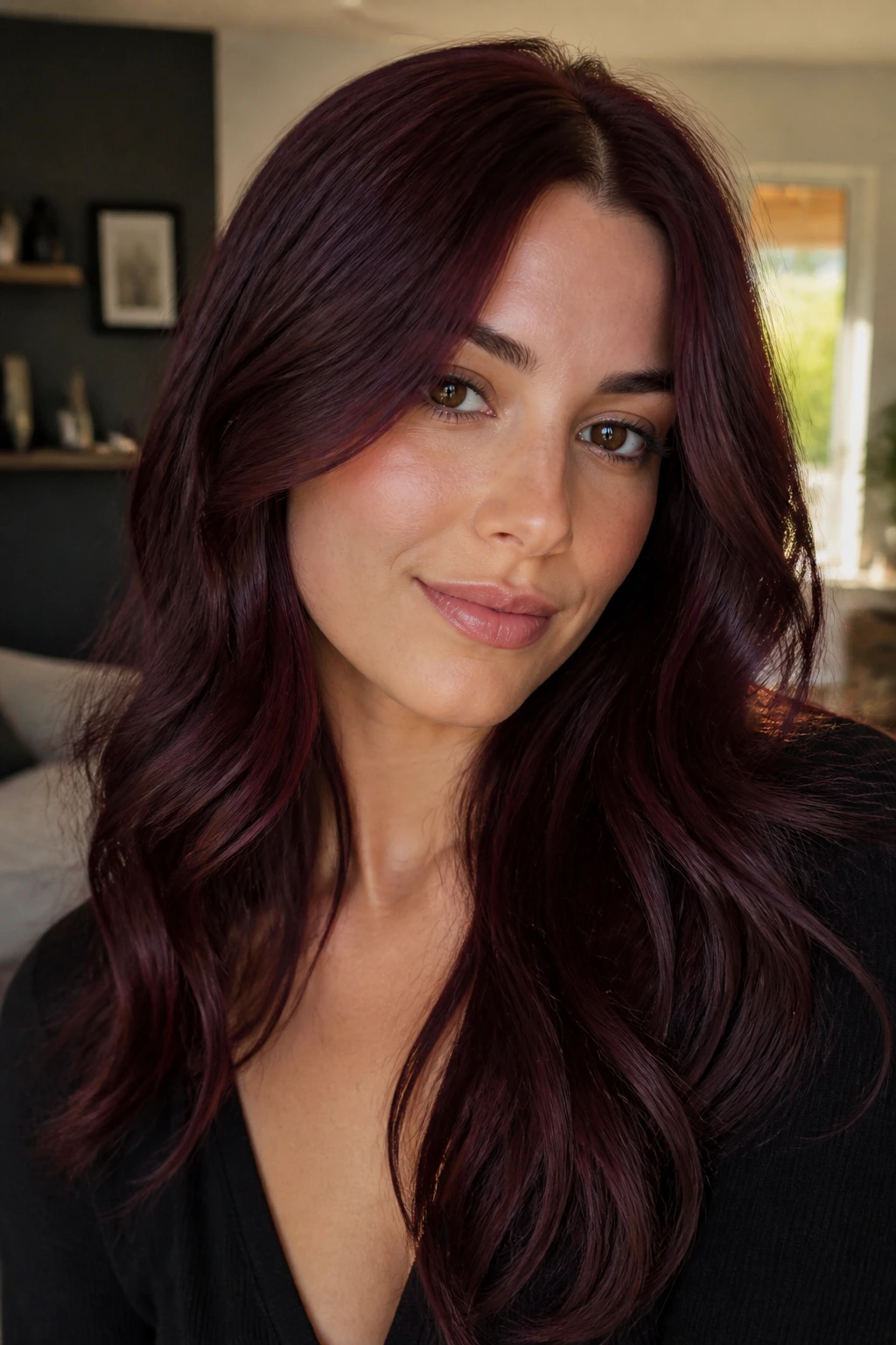 Close-up of a real woman with cherry cola brunette hair under warm indoor light