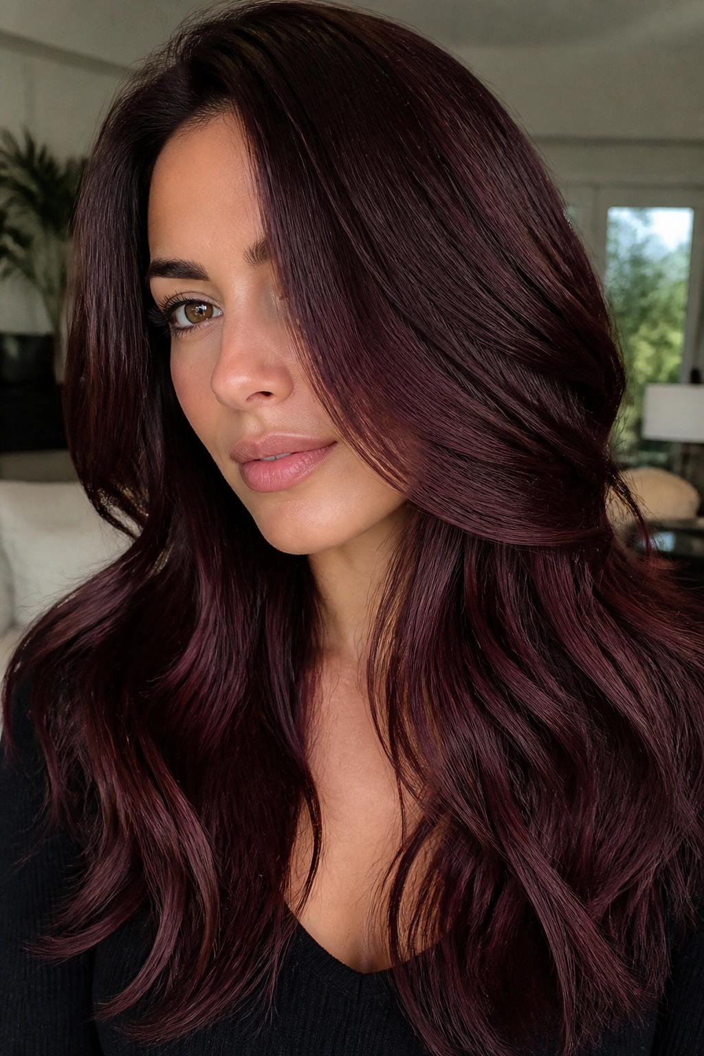 Close-up portrait of cherry cola brunette hair on a real person in a softly lit living room
