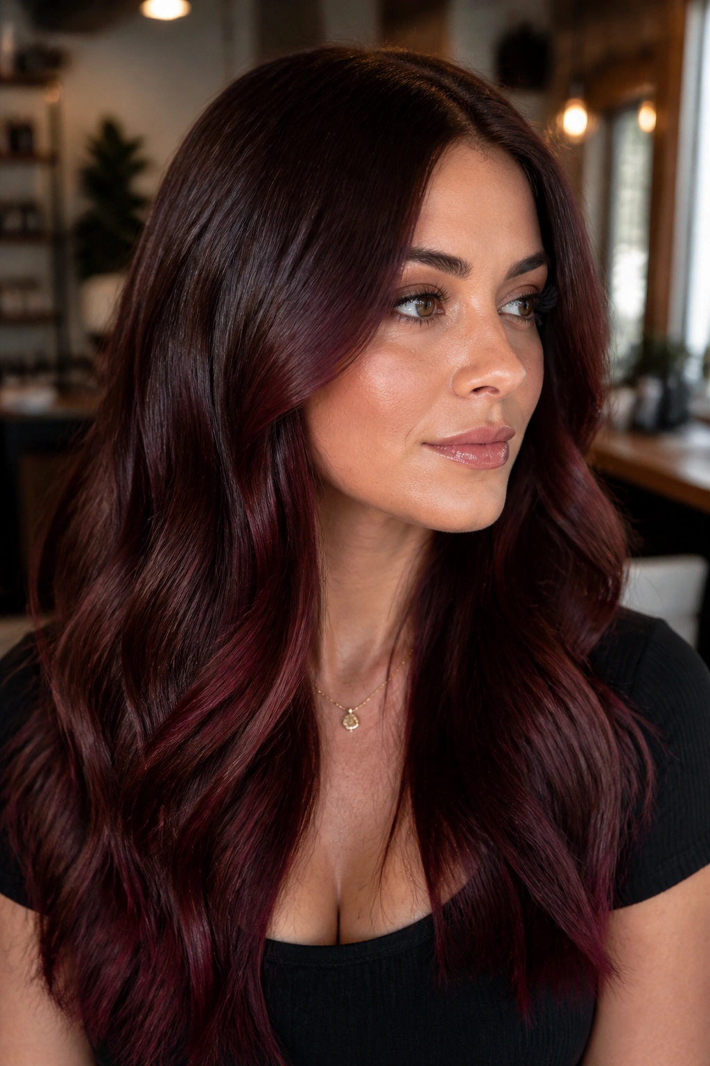 Close-up of Cherry Cola Brunette hair with red-violet gloss and burgundy ends on a real person
