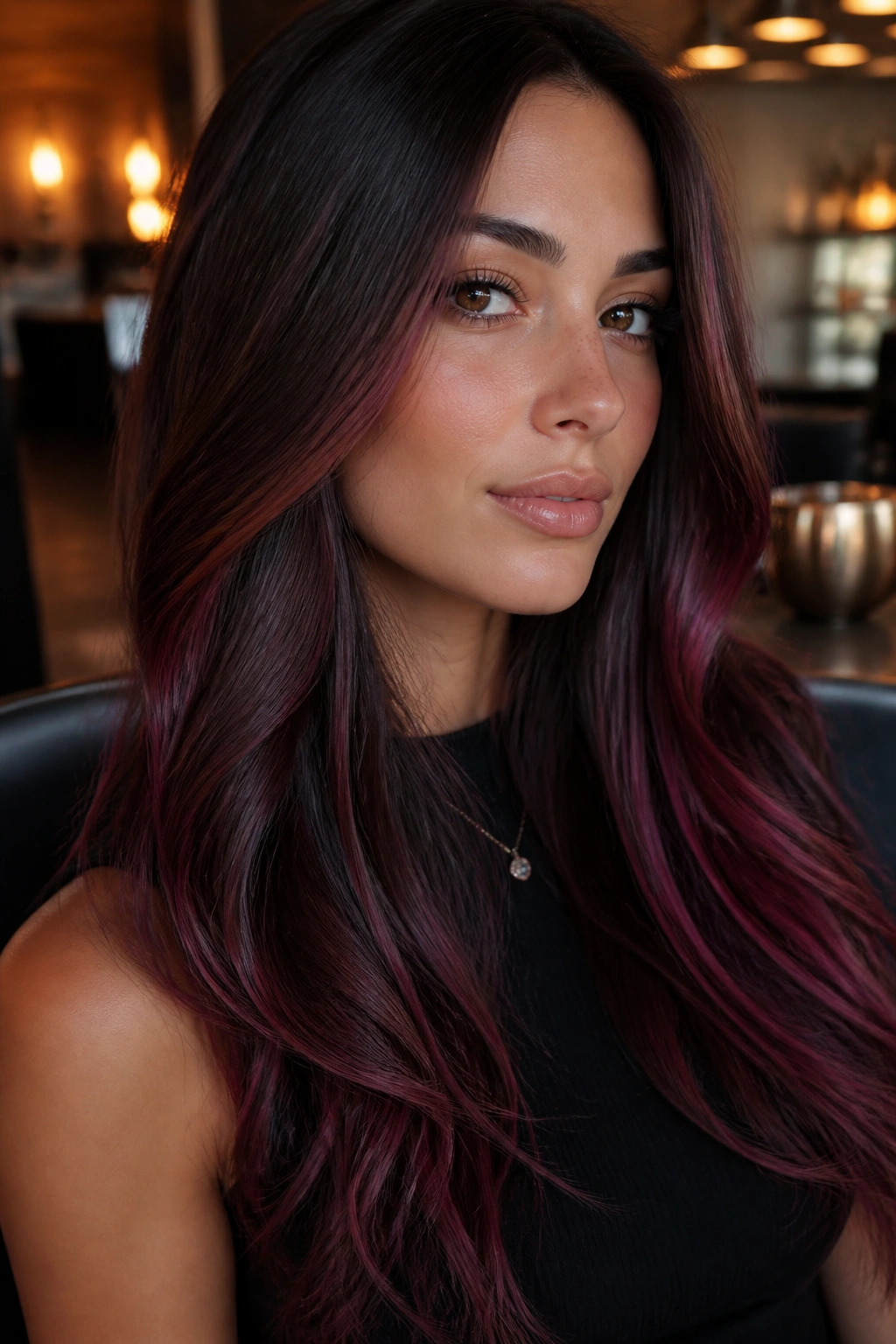 Close-up portrait of a real woman with cherry cola brunette hair with red-violet ribbons