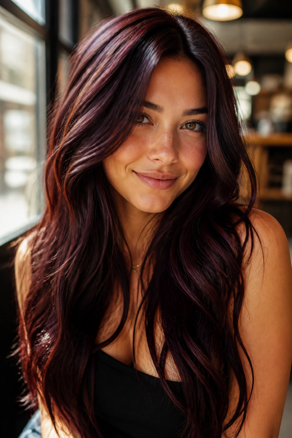 Close-up of a real woman's long Cherry Cola Brunette hair showing deep brown with red-violet sheen in a window-lit cafe