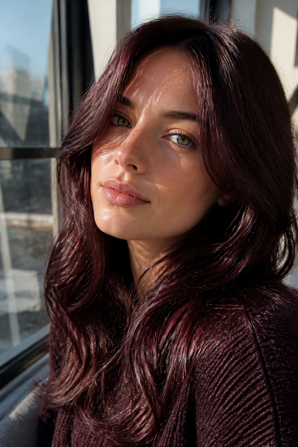 Close-up of a real woman with cherry cola brunette hair and red-violet shimmer