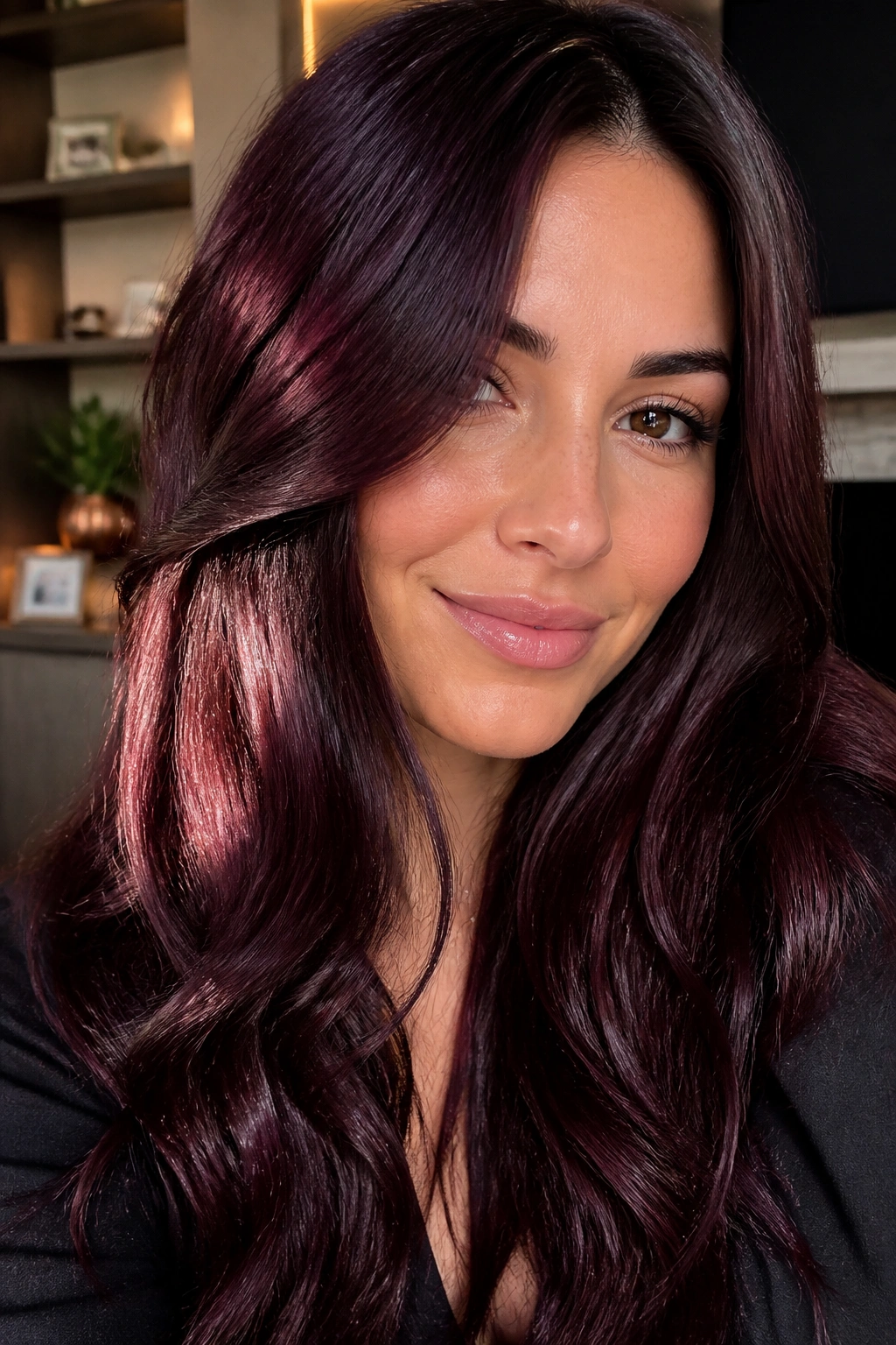 Close-up of a woman with cherry cola brunette and red shine