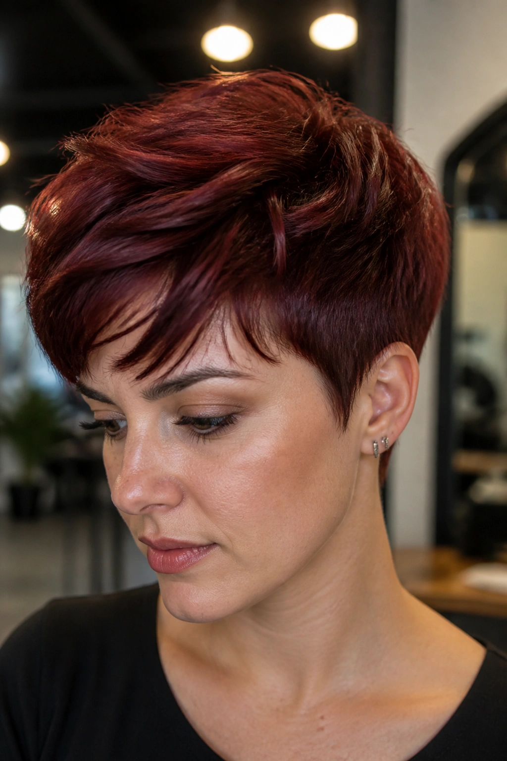 Cherry cola red cropped hairstyle on a real person with deep color depth.
