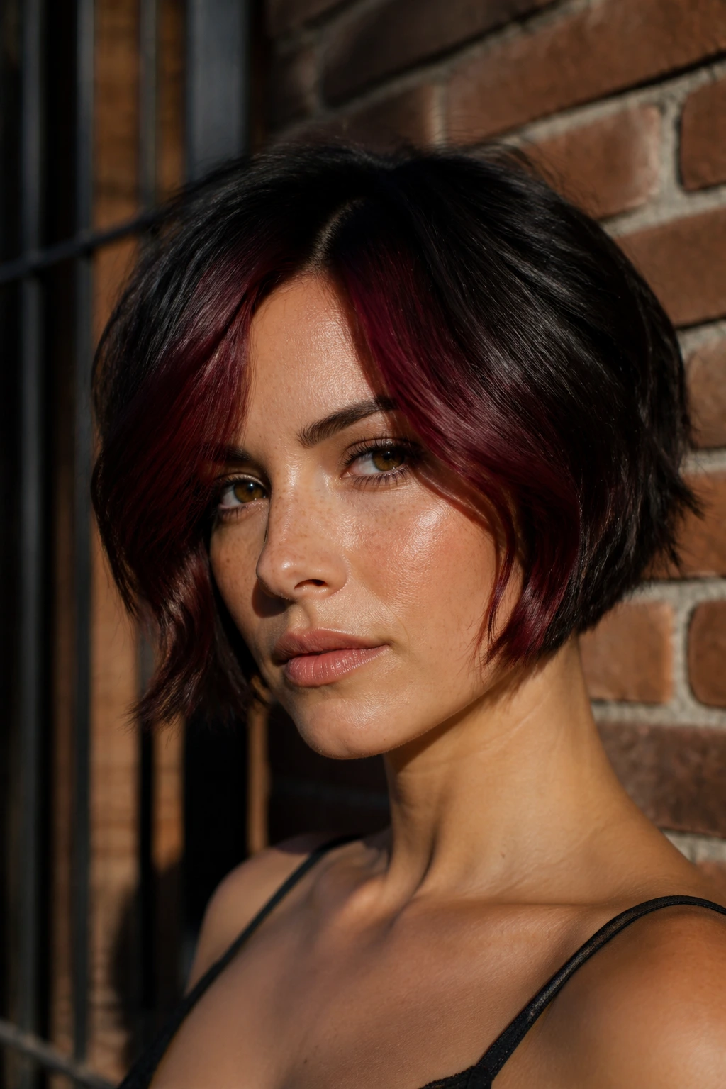 Close-up of cherry cola money piece on dark short hair
