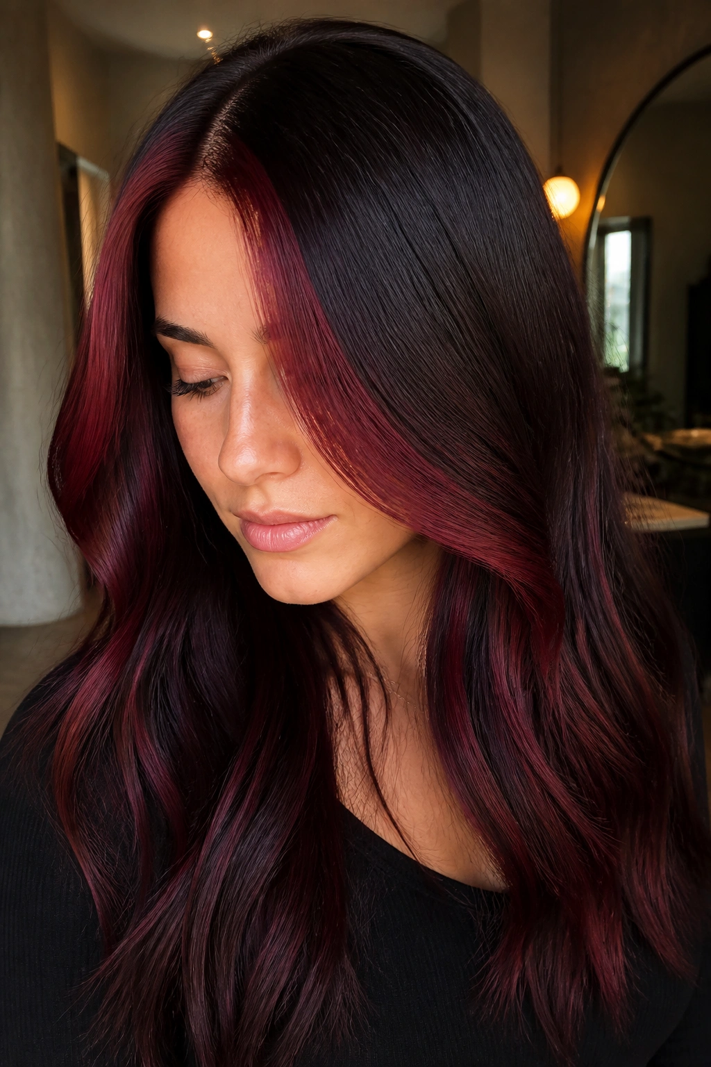 Brunette with cherry cola front streaks catching light with moody depth