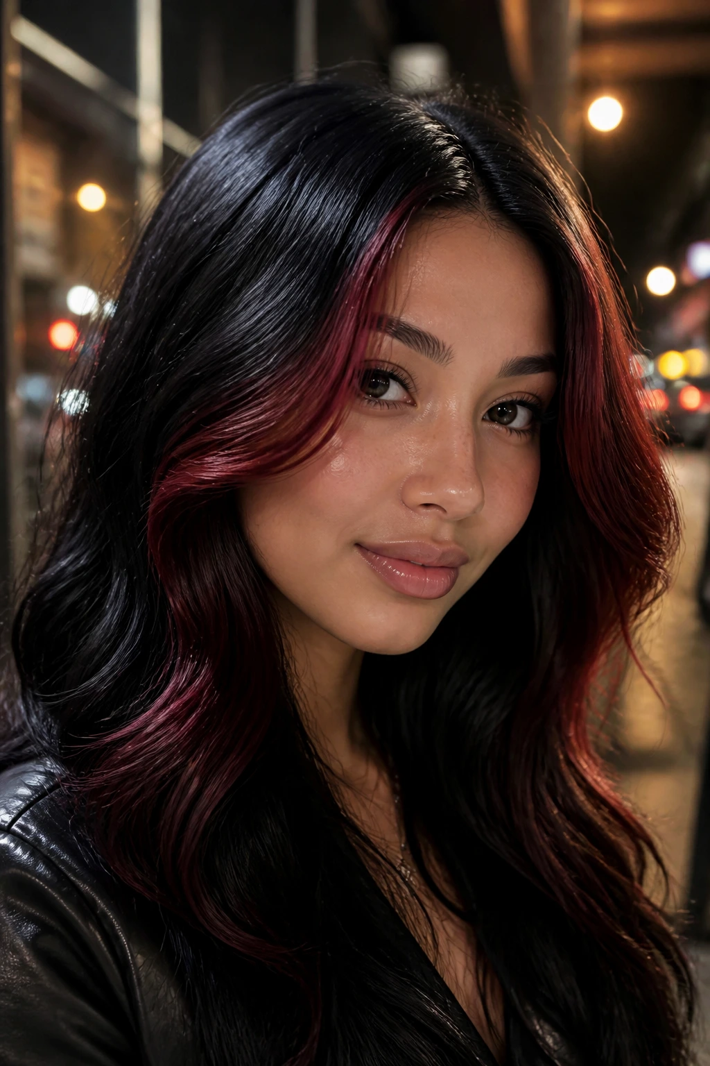 Close-up of a real woman with cherry cola front piece on black hair against an urban night backdrop