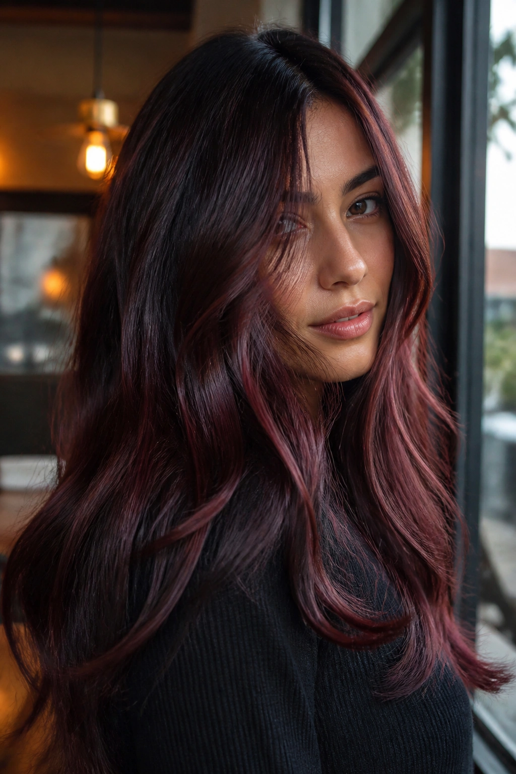 Close-up of cherry cola gloss hair on a real person by a cafe window