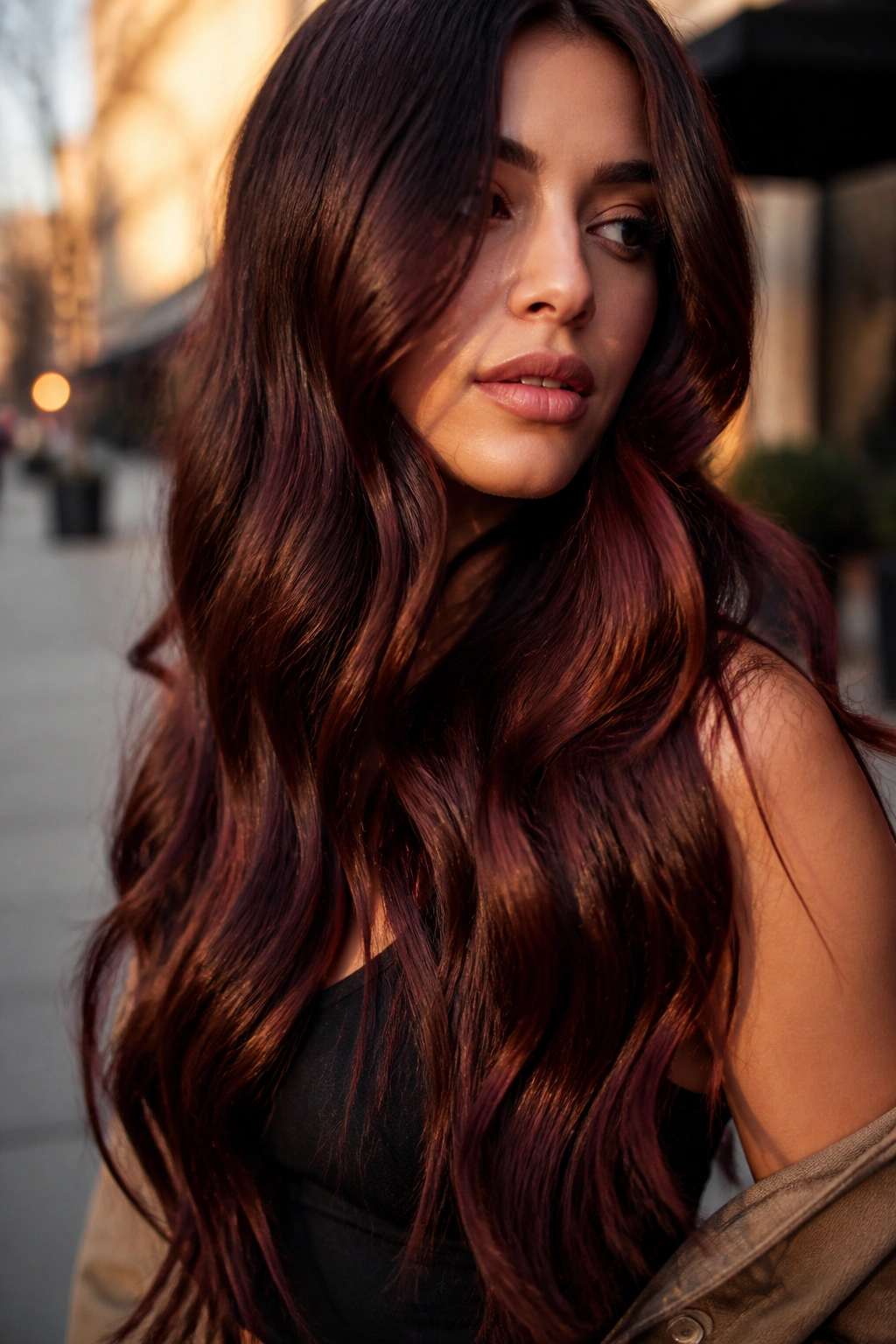 Portrait of a woman with cherry cola gloss on long waves in golden hour light.