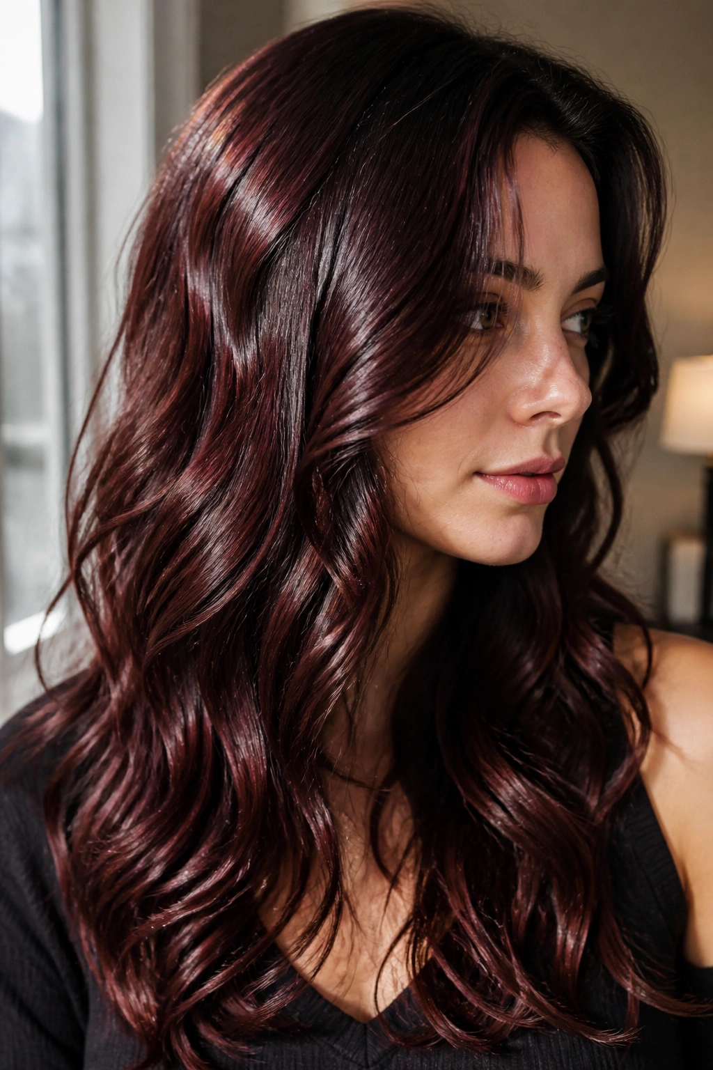 Real brunette with glossy cherry cola strands catching light on waves near a window