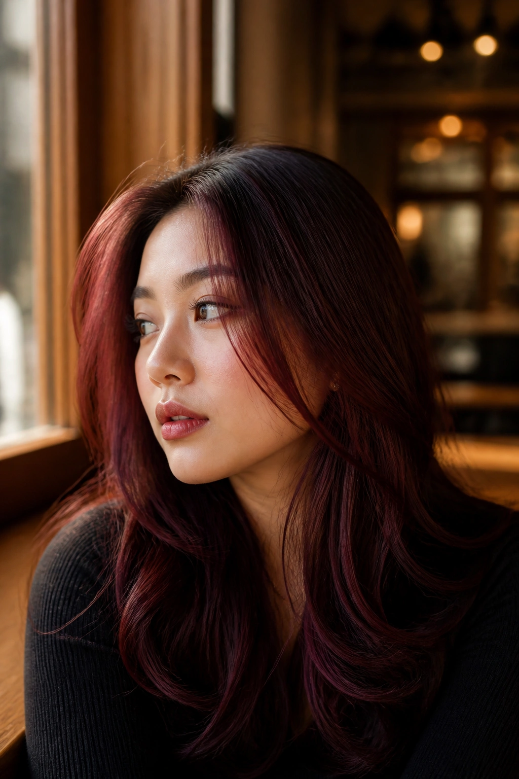 Close-up of a woman with cherry cola hair color in a cafe window setting.