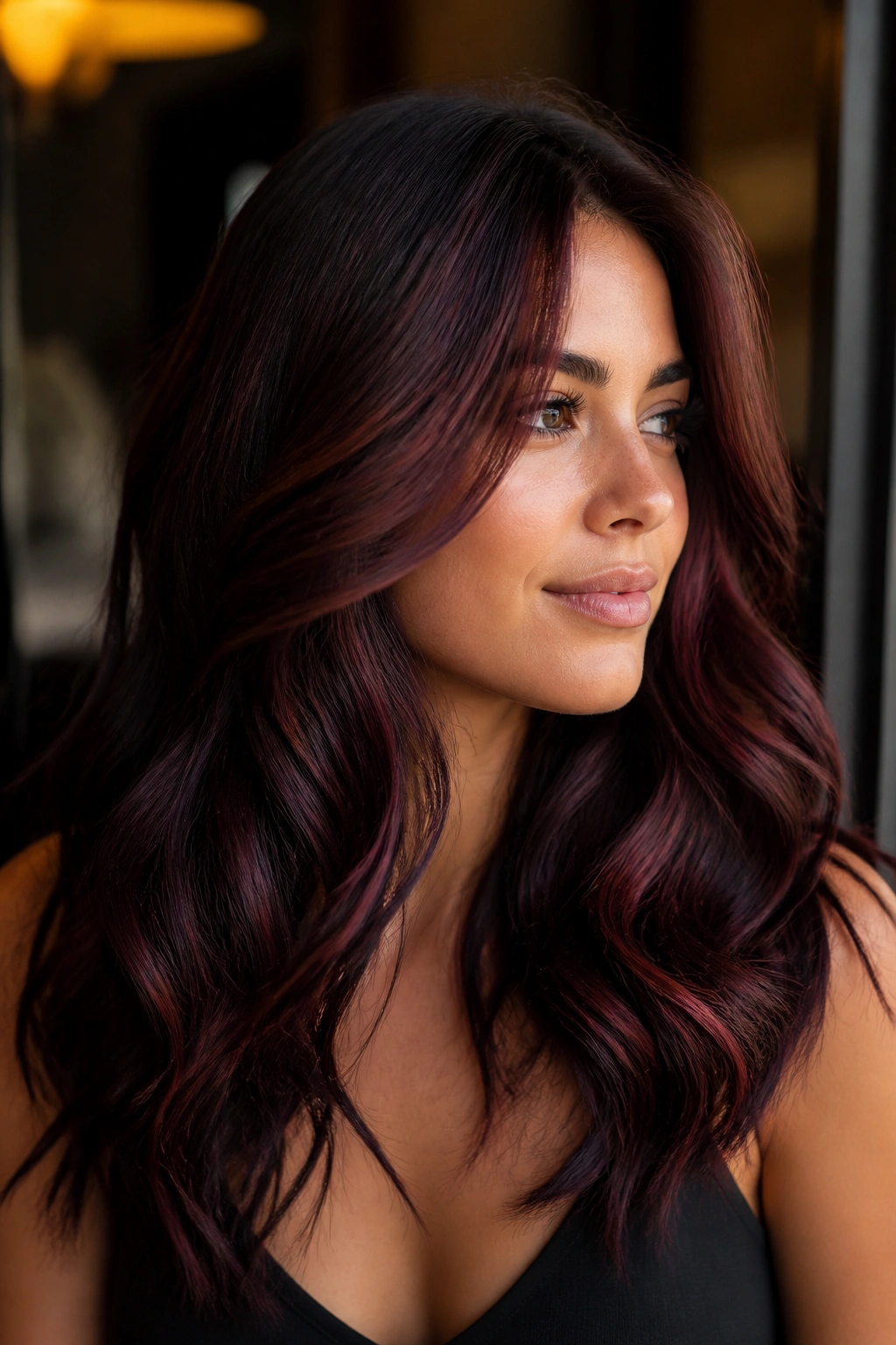 Cherry cola highlights on black-brown hair close-up portrait