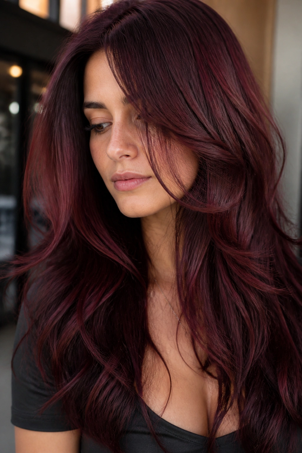 Real woman with long layered hair in cherry cola shade